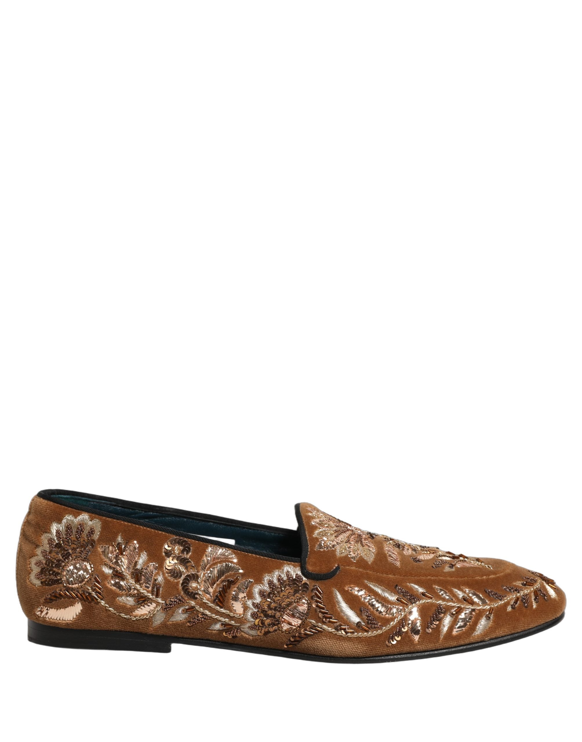 Dolce & Gabbana Brown Velvet Floral Embroidery Loafers Men's Shoes (Pre-Owned)