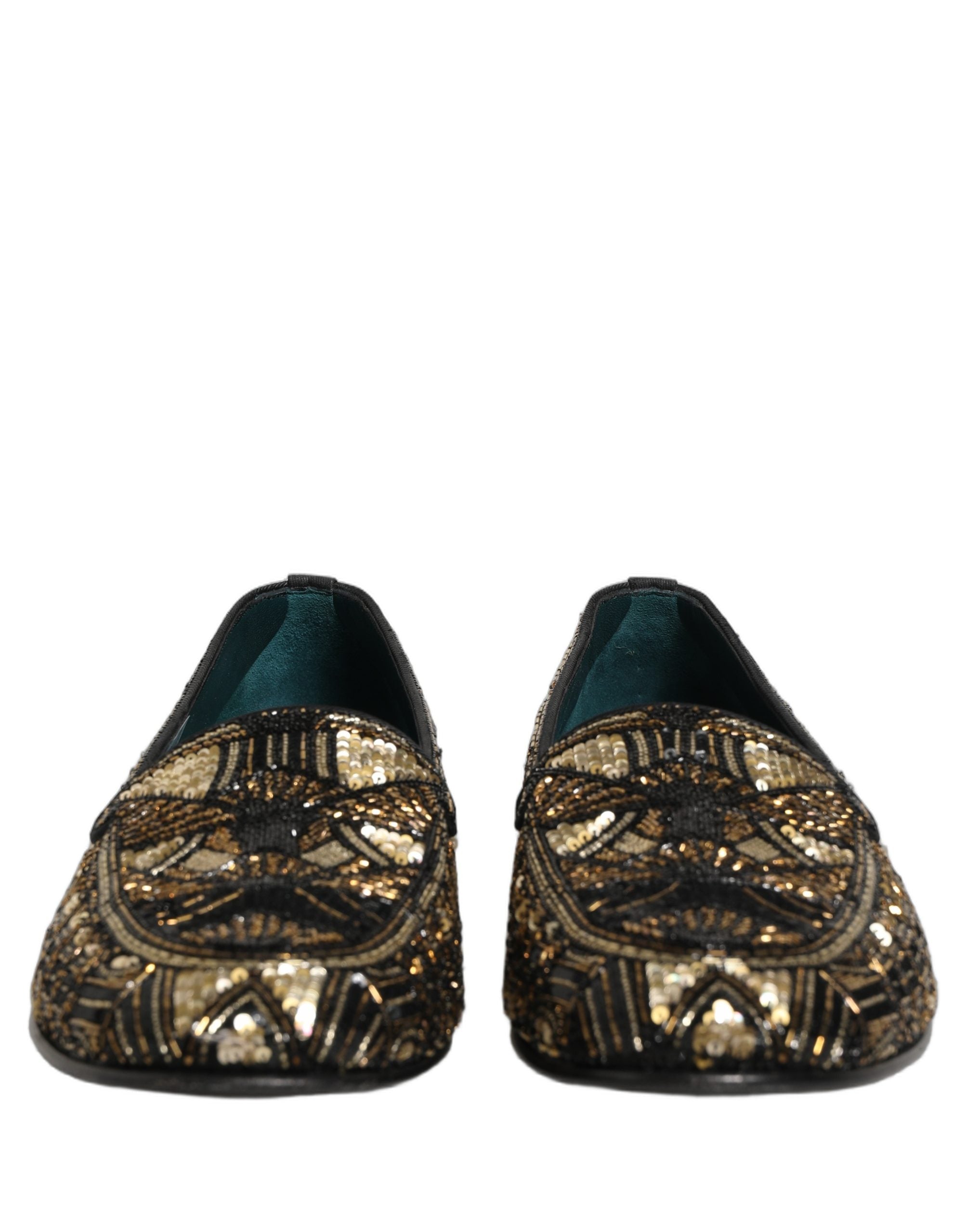 Dolce & Gabbana Black Gold Embellished Slip On Loafers Men's Shoes