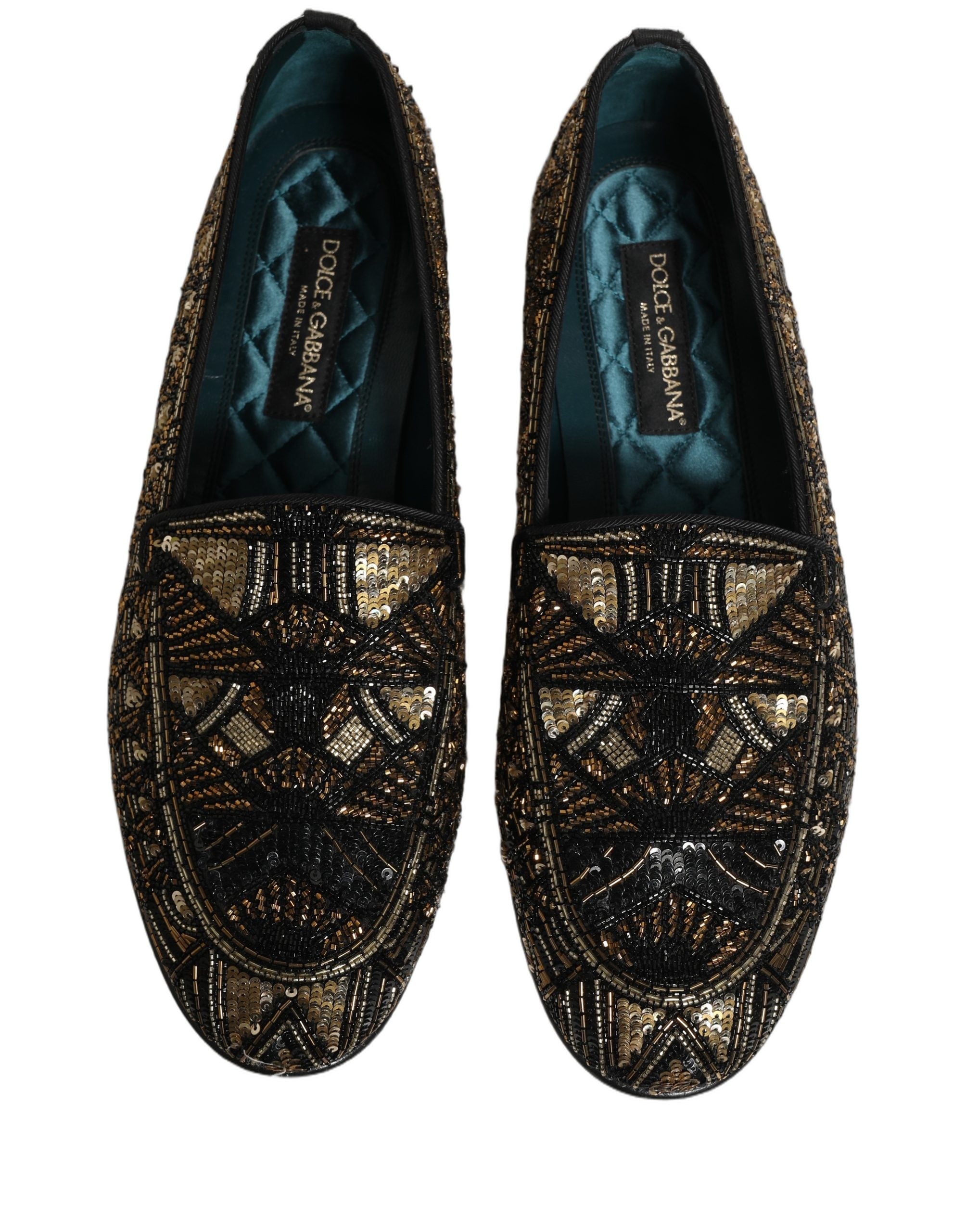 Dolce & Gabbana Black Gold Embellished Slip On Loafers Men's Shoes