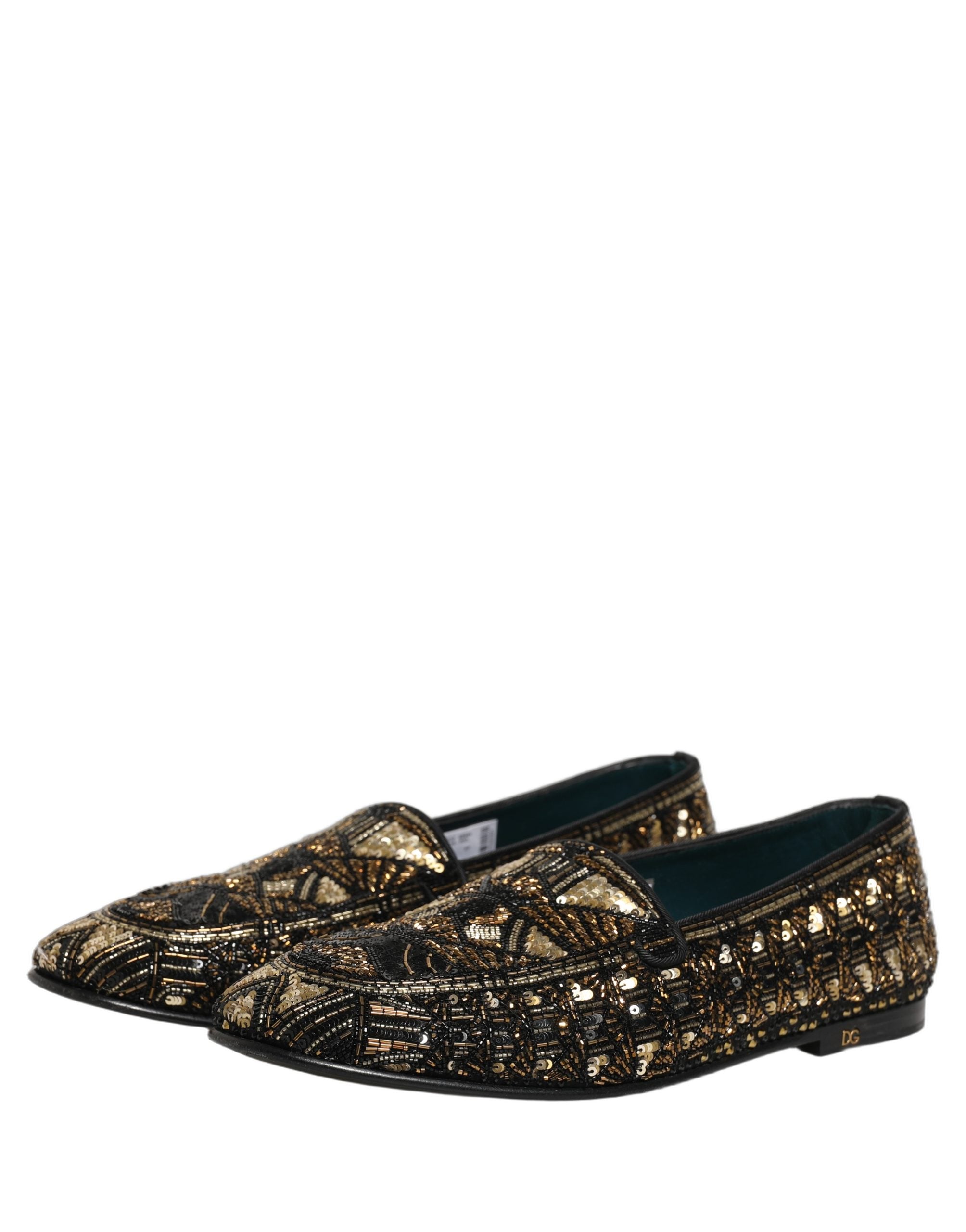 Dolce & Gabbana Black Gold Embellished Slip On Loafers Men's Shoes