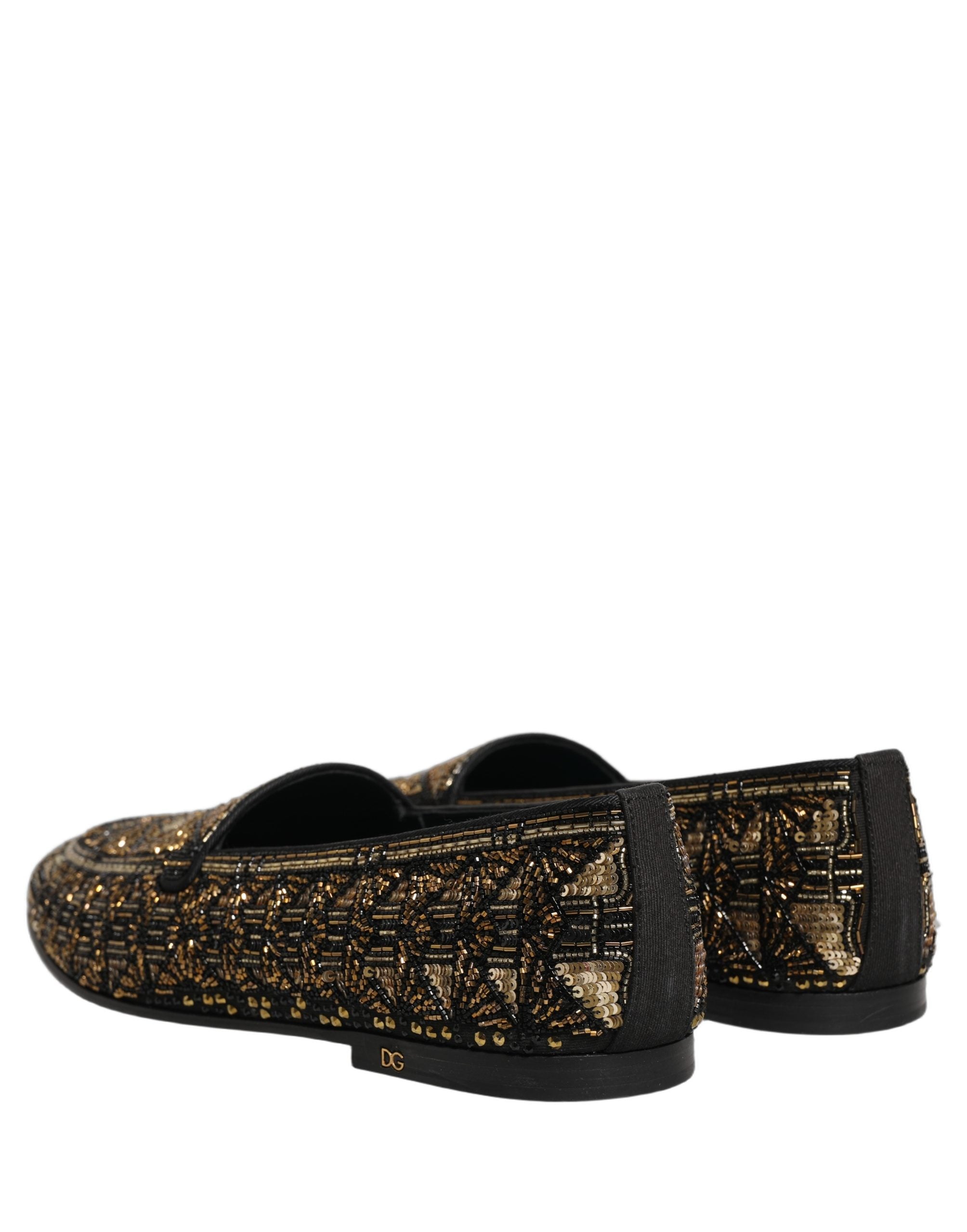 Dolce & Gabbana Black Gold Embellished Slip On Loafers Men's Shoes