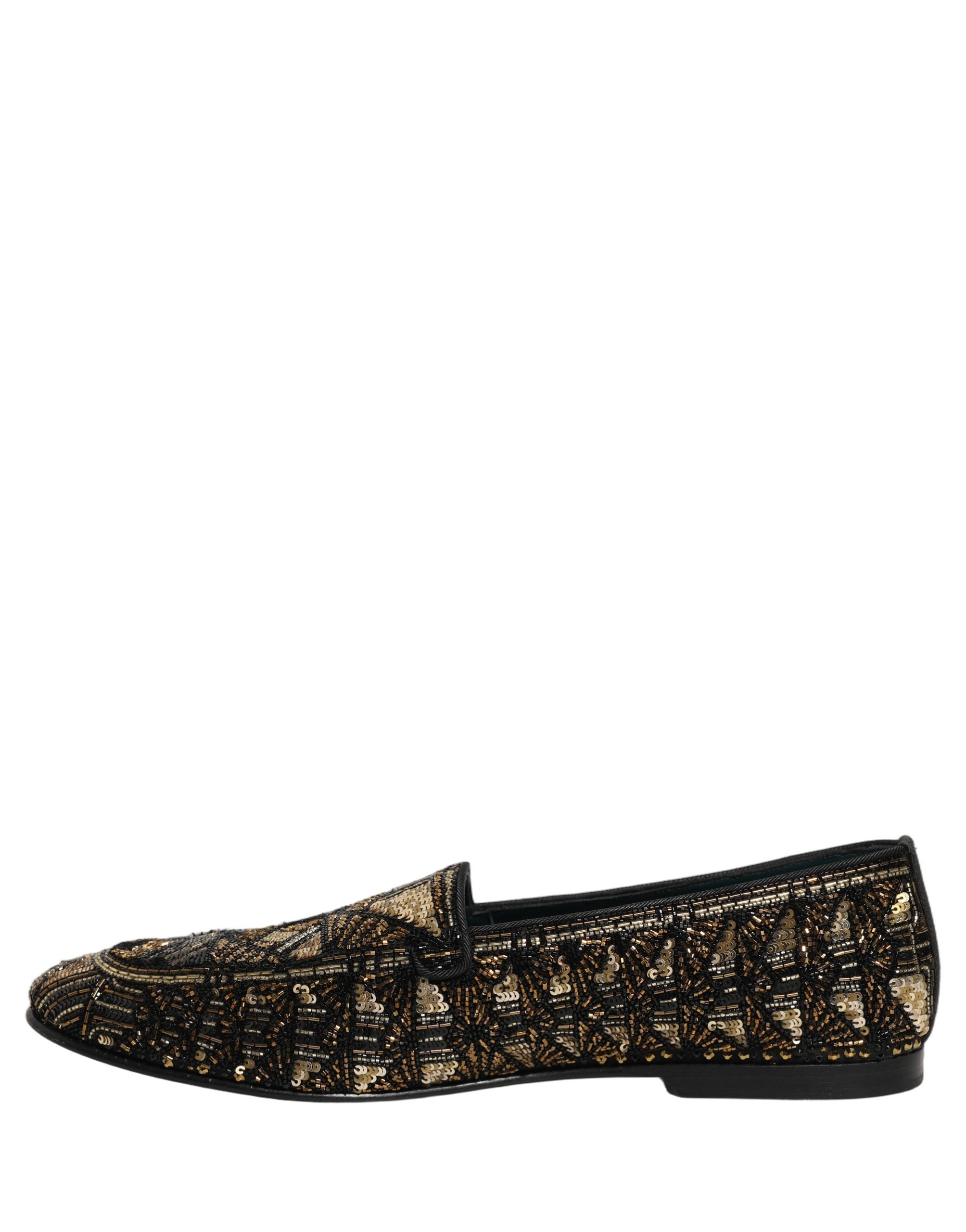 Dolce & Gabbana Black Gold Embellished Slip On Loafers Men's Shoes
