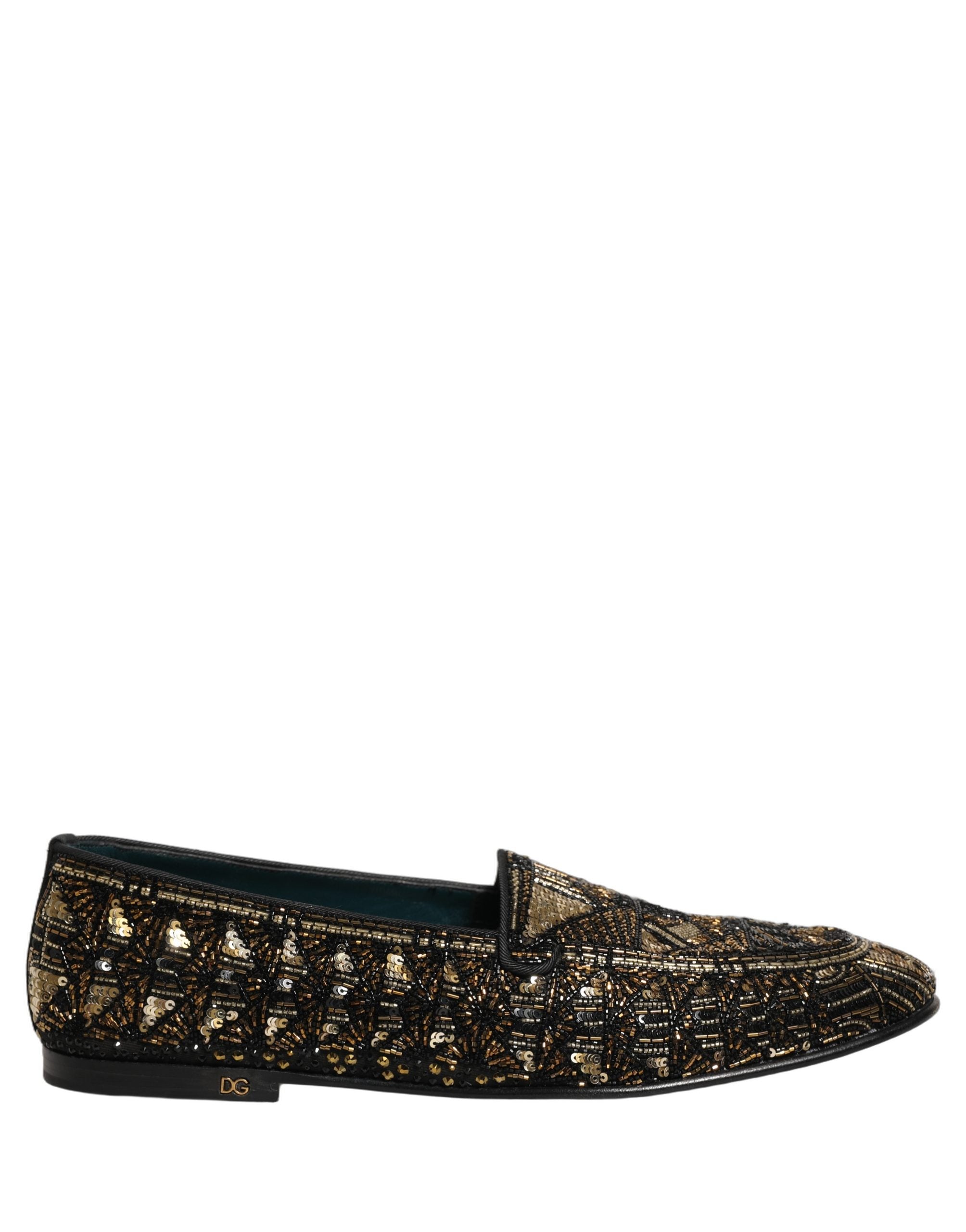 Dolce & Gabbana Black Gold Embellished Slip On Loafers Men's Shoes