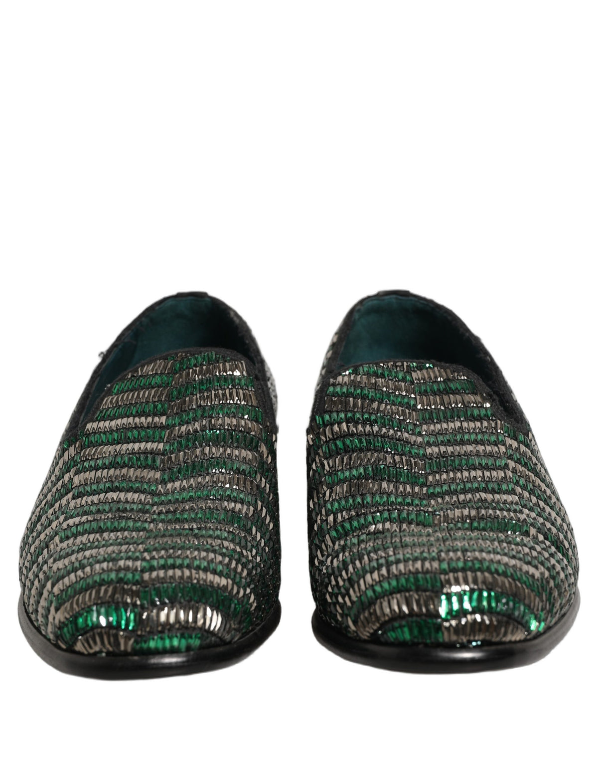 Dolce & Gabbana Silver Green Embellished Dress Loafers Men's Shoes