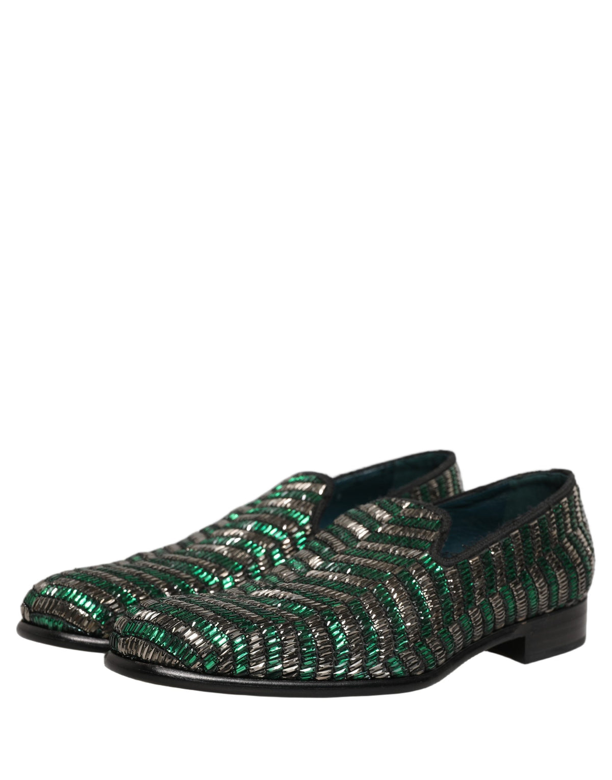 Dolce & Gabbana Silver Green Embellished Dress Loafers Men's Shoes
