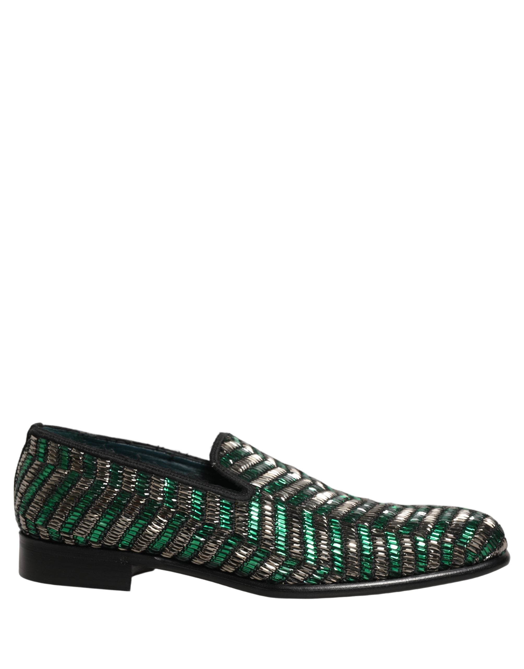 Dolce & Gabbana Silver Green Embellished Dress Loafers Men's Shoes