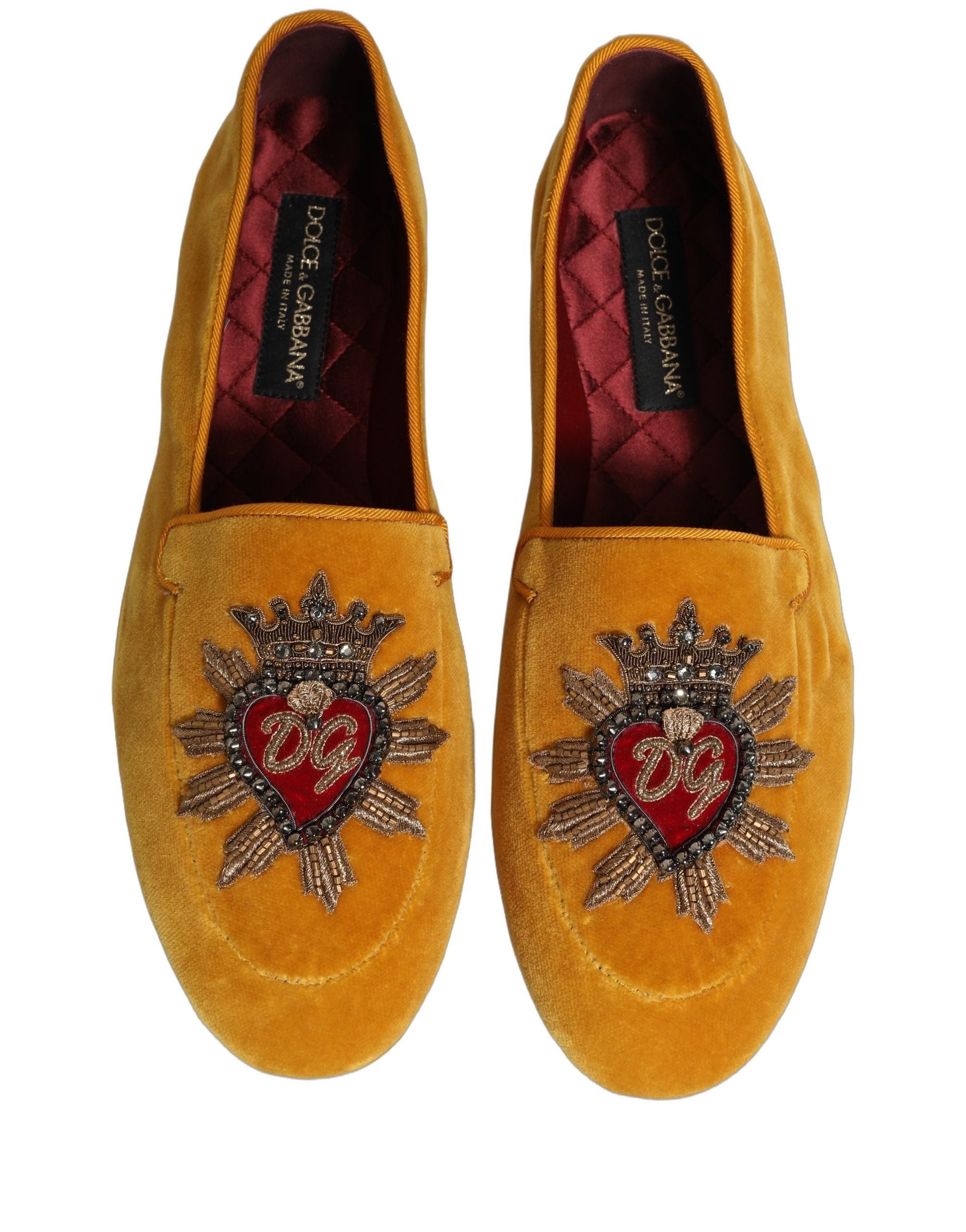 Dolce & Gabbana Yellow Velvet DG Heart Loafers Flats Men's Shoes