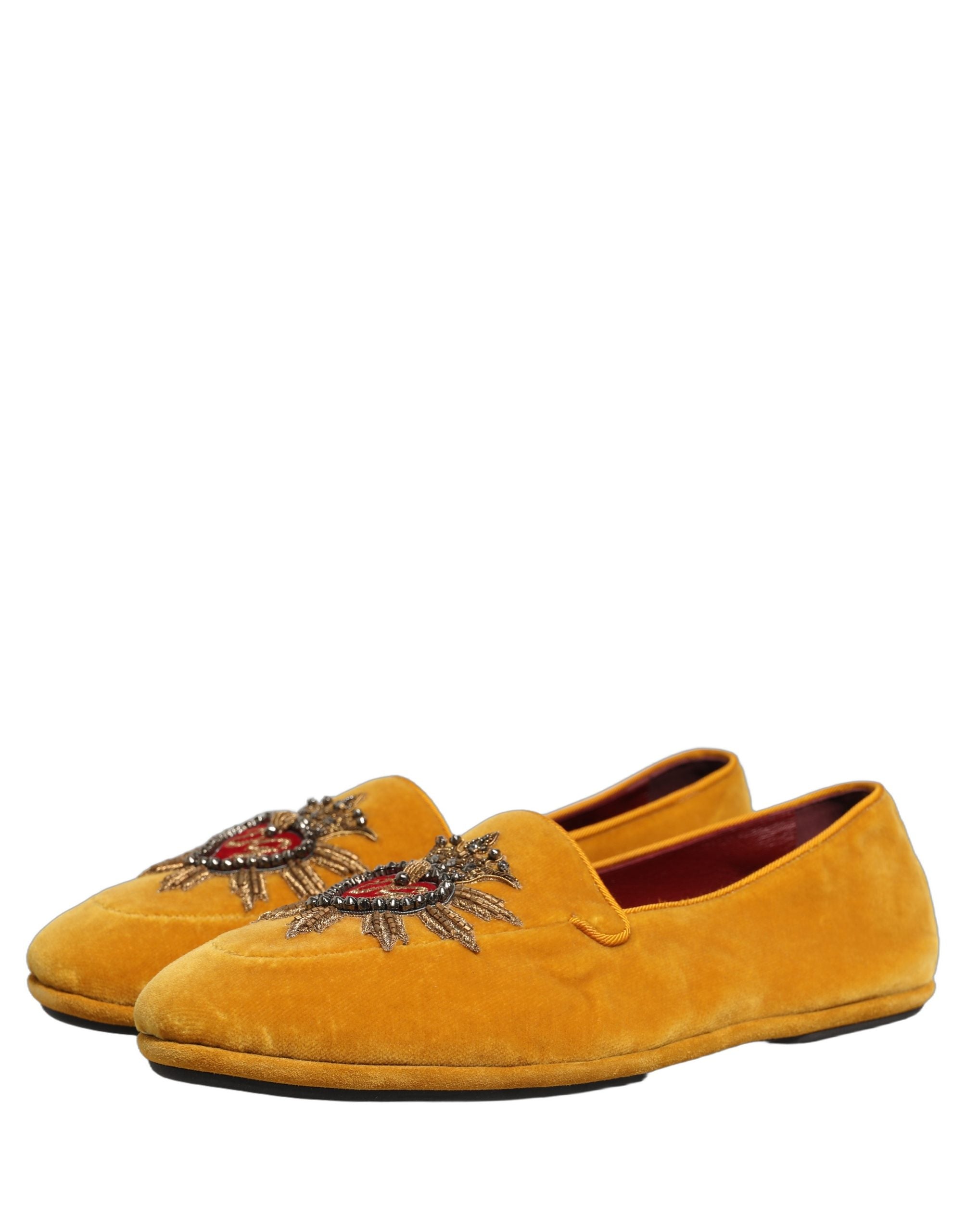 Dolce & Gabbana Yellow Velvet DG Heart Loafers Flats Men's Shoes