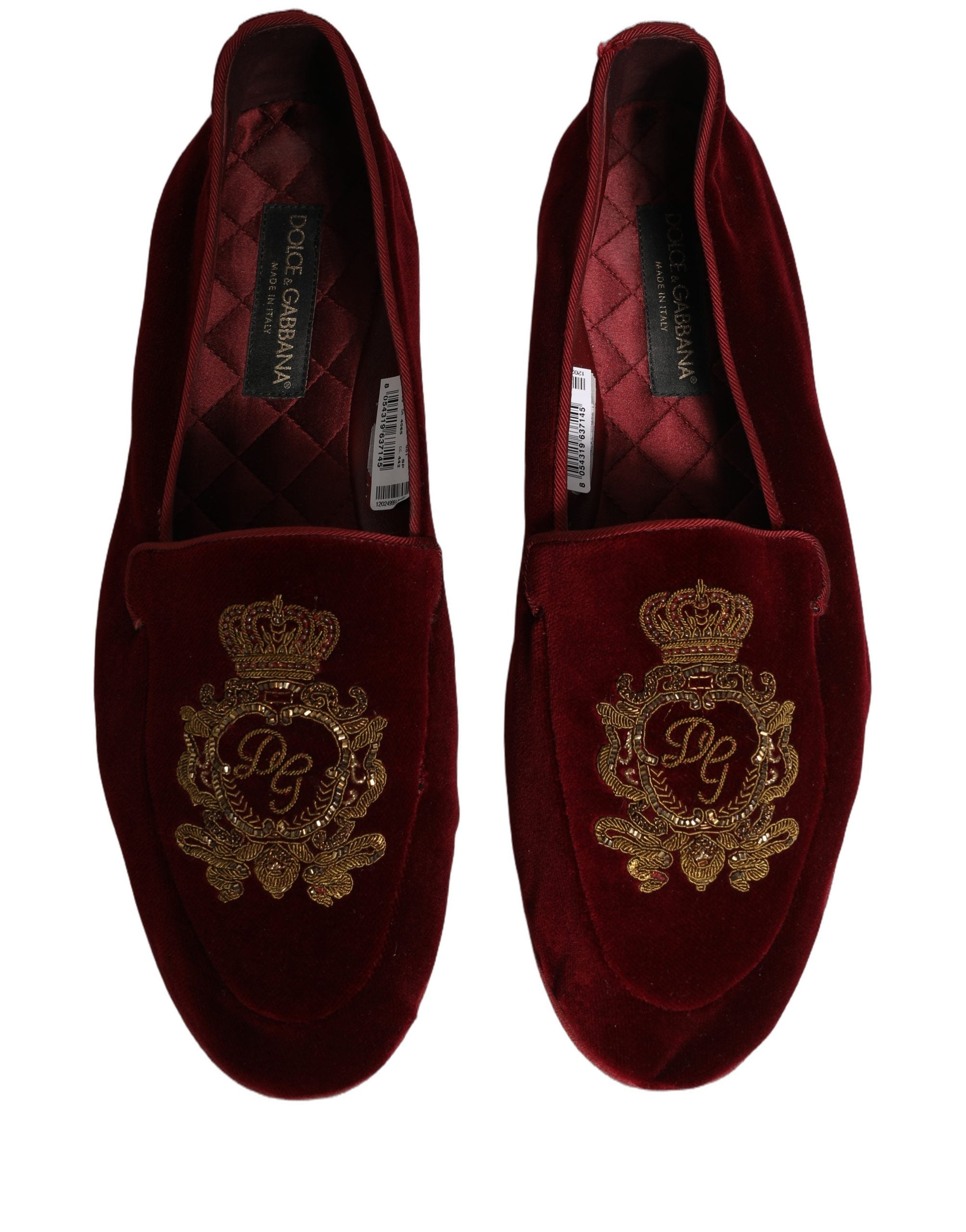 Dolce & Gabbana Maroon Velvet Crown Embroidery Loafers Men's Shoes