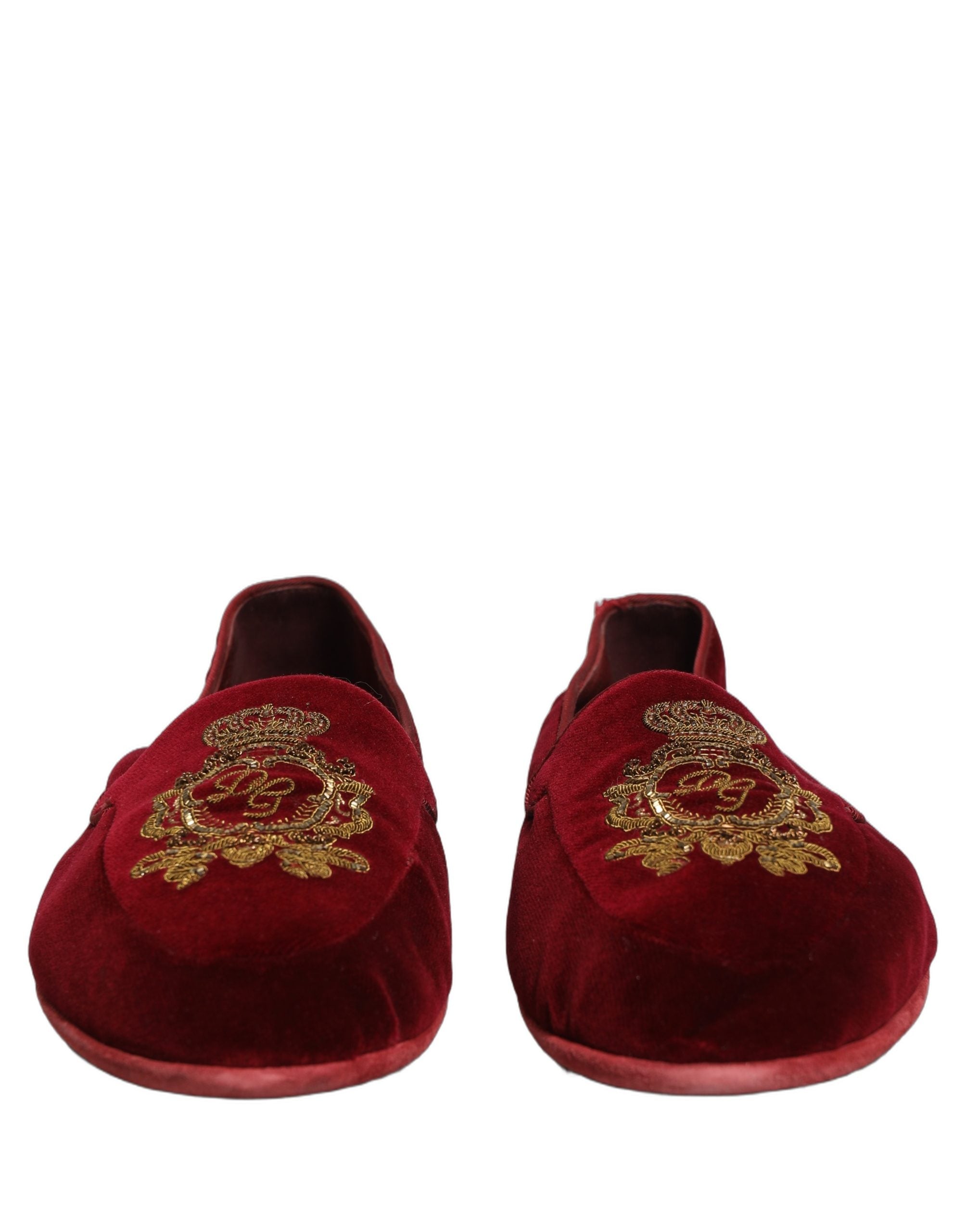 Dolce & Gabbana Maroon Velvet Crown Embroidery Loafers Men's Shoes