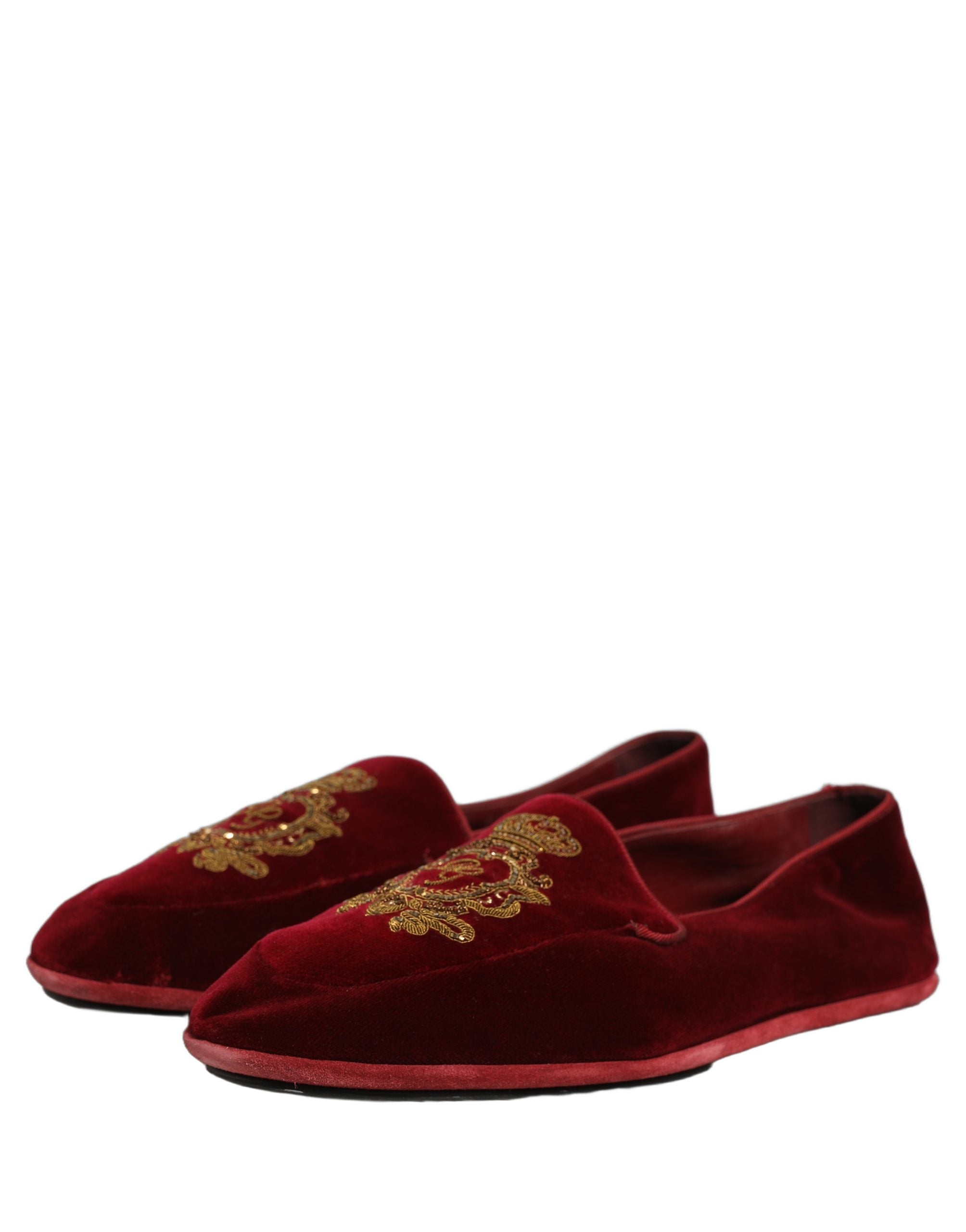 Dolce & Gabbana Maroon Velvet Crown Embroidery Loafers Men's Shoes