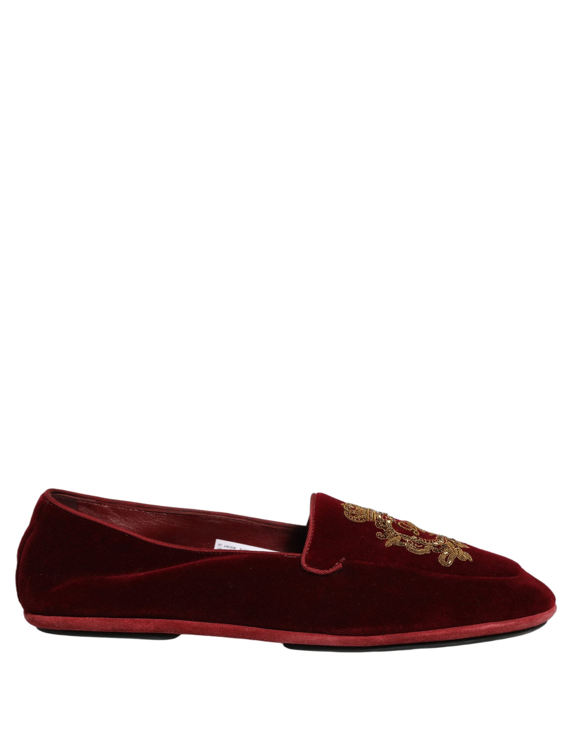 Dolce & Gabbana Maroon Velvet Crown Embroidery Loafers Men's Shoes