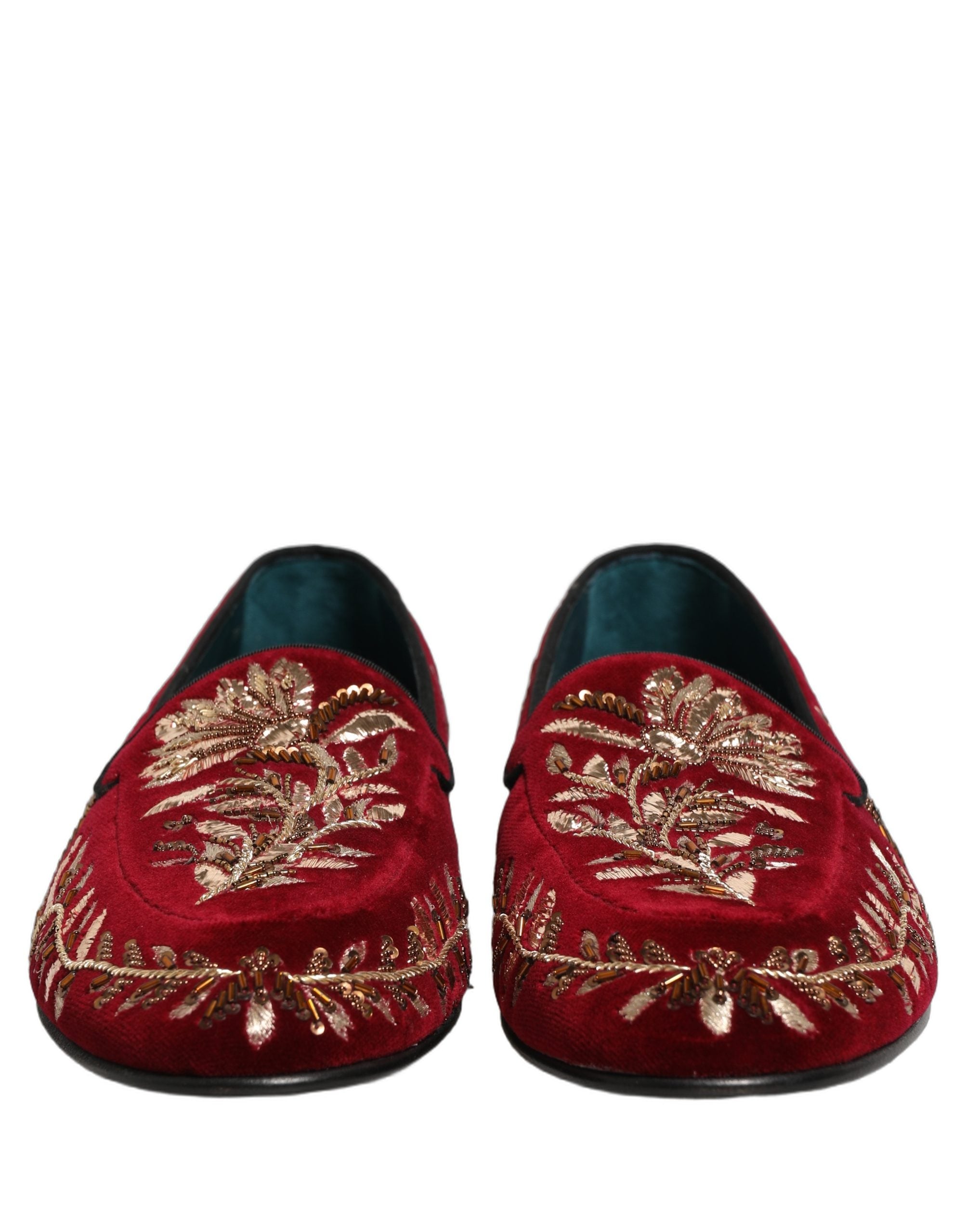 Dolce & Gabbana Red Velvet Floral Embroidery Loafers Men's Shoes
