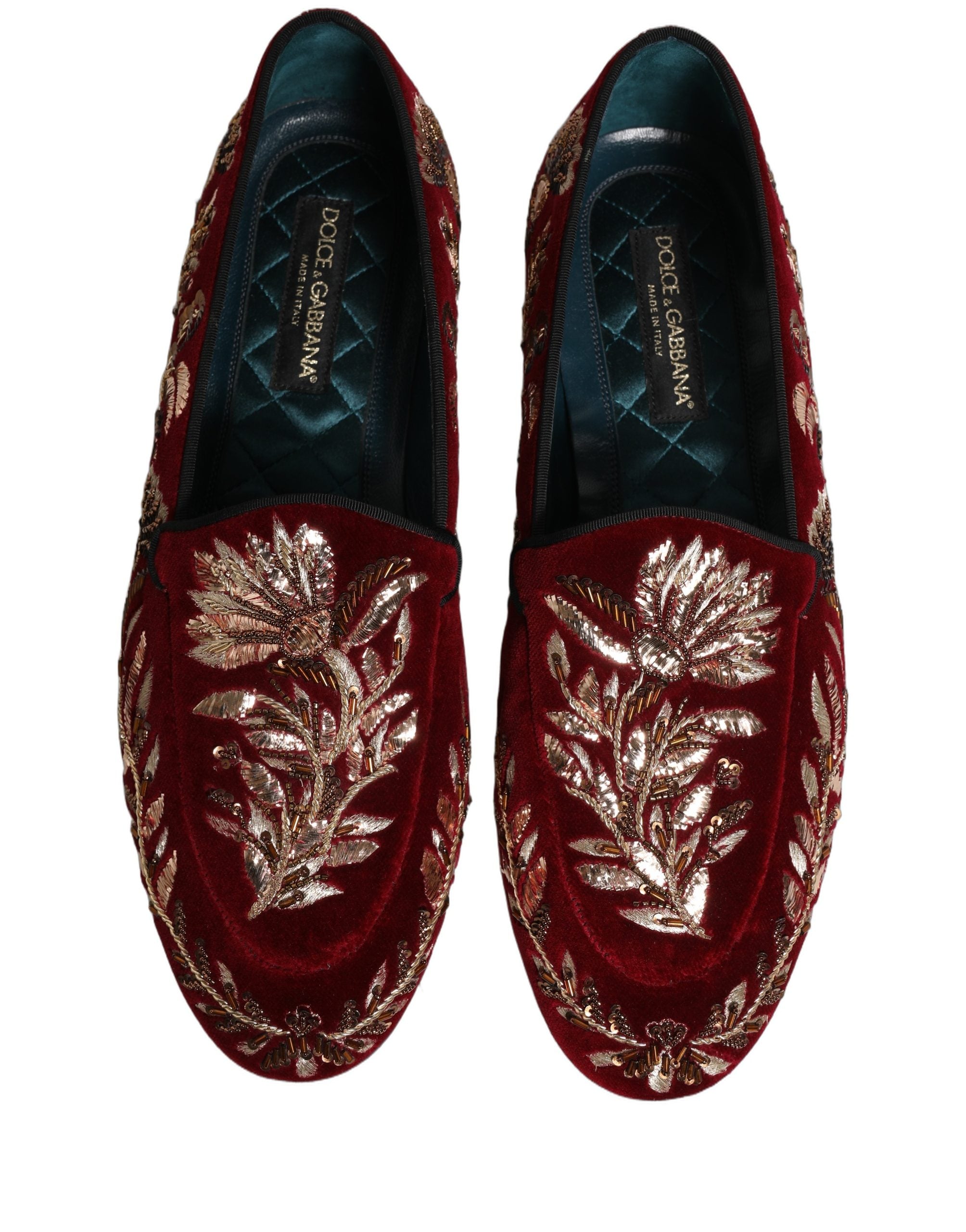 Dolce & Gabbana Red Velvet Floral Embroidery Loafers Men's Shoes
