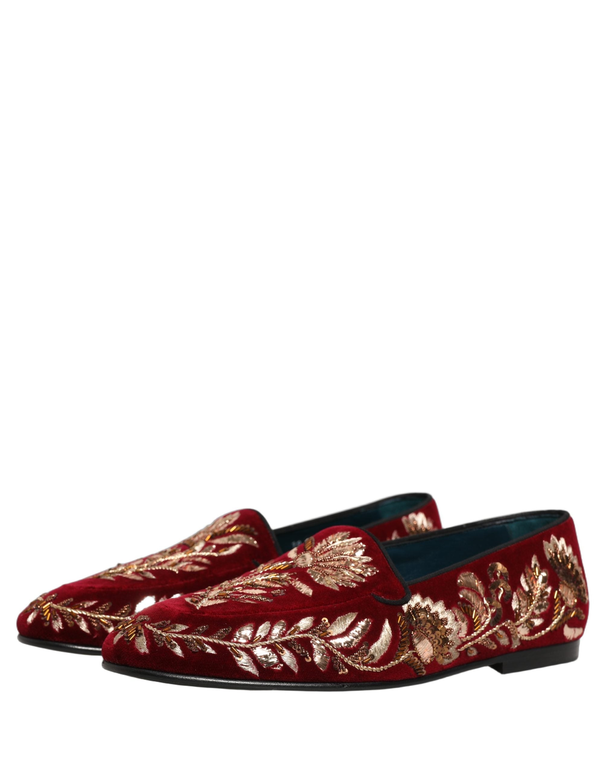 Dolce & Gabbana Red Velvet Floral Embroidery Loafers Men's Shoes