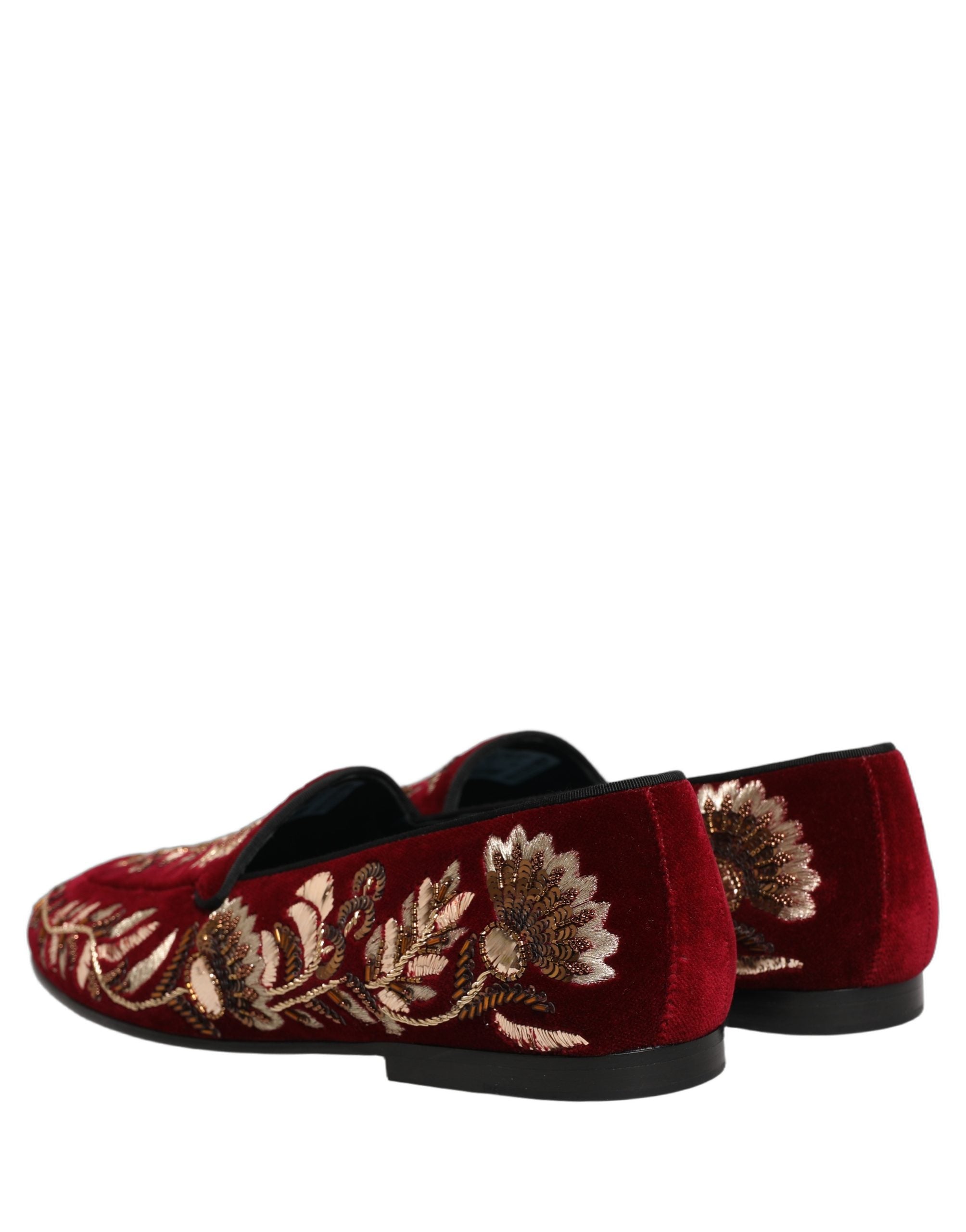 Dolce & Gabbana Red Velvet Floral Embroidery Loafers Men's Shoes
