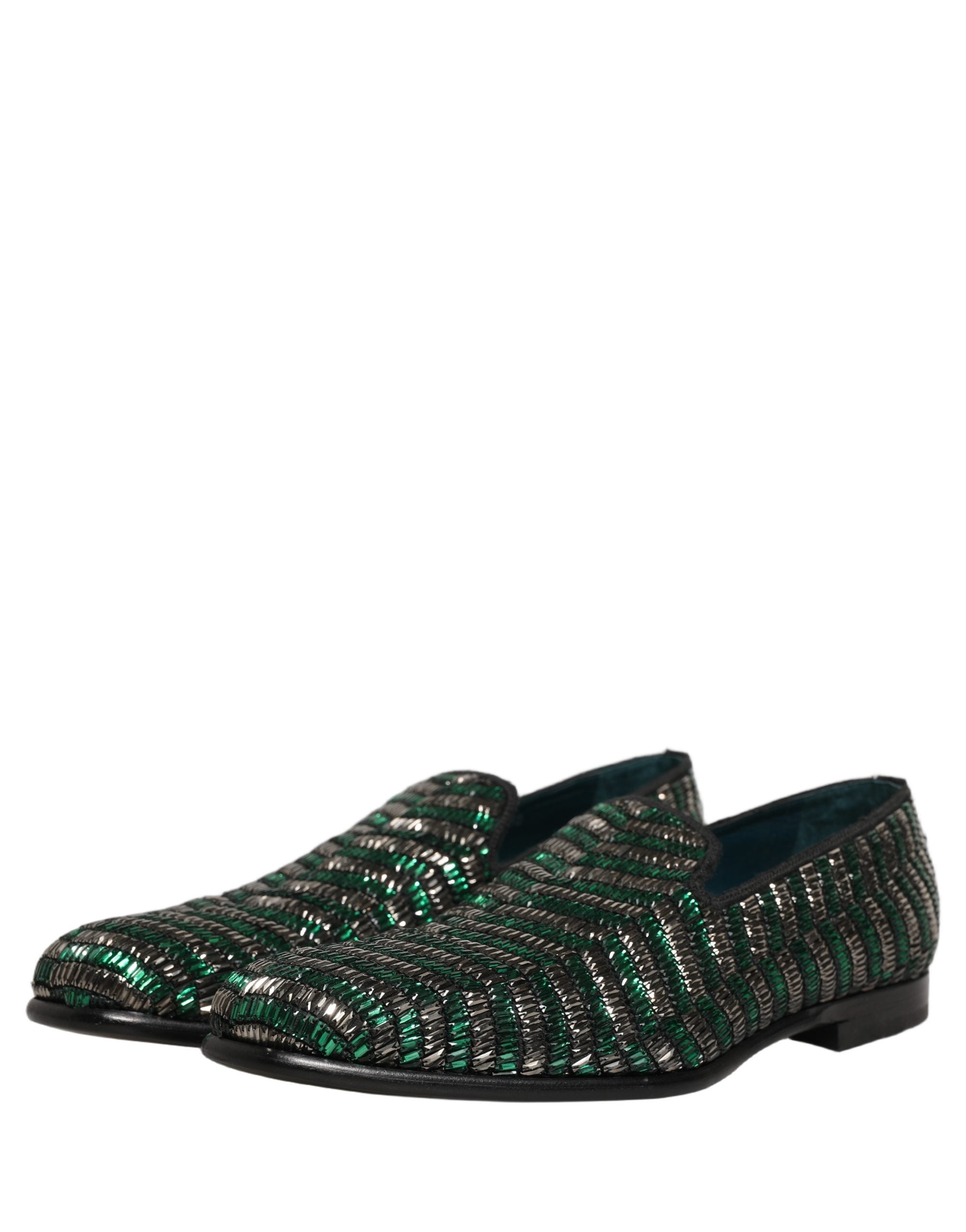 Dolce & Gabbana Silver Green Embellished Dress Loafers Men's Shoes