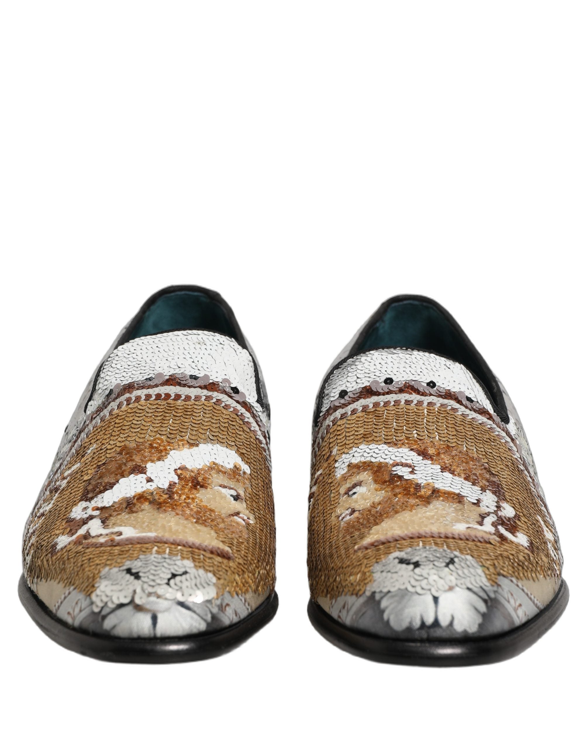 Dolce & Gabbana White Gold Sequined Slip On Loafers Men's Shoes