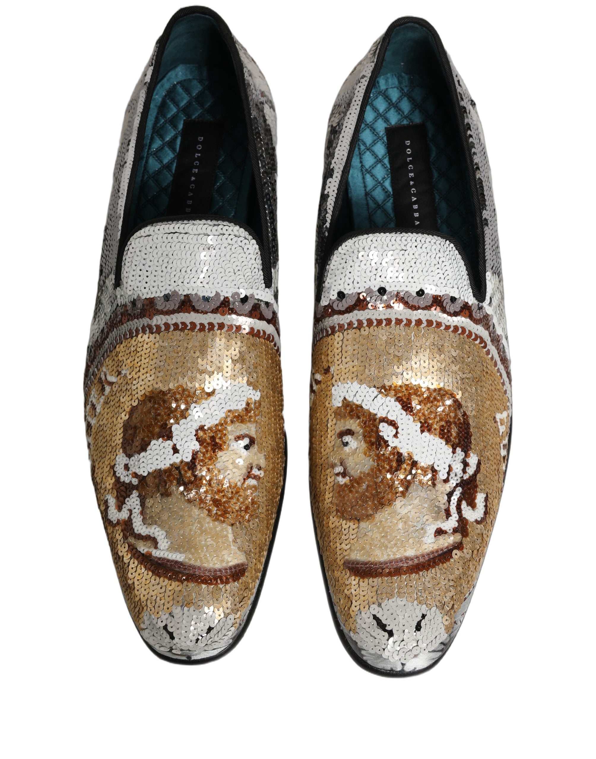Dolce & Gabbana White Gold Sequined Slip On Loafers Men's Shoes