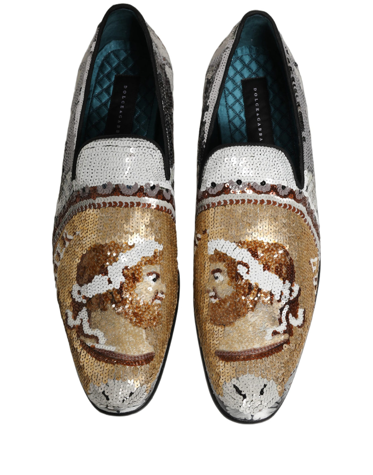 Dolce & Gabbana White Gold Sequined Slip On Loafers Men's Shoes