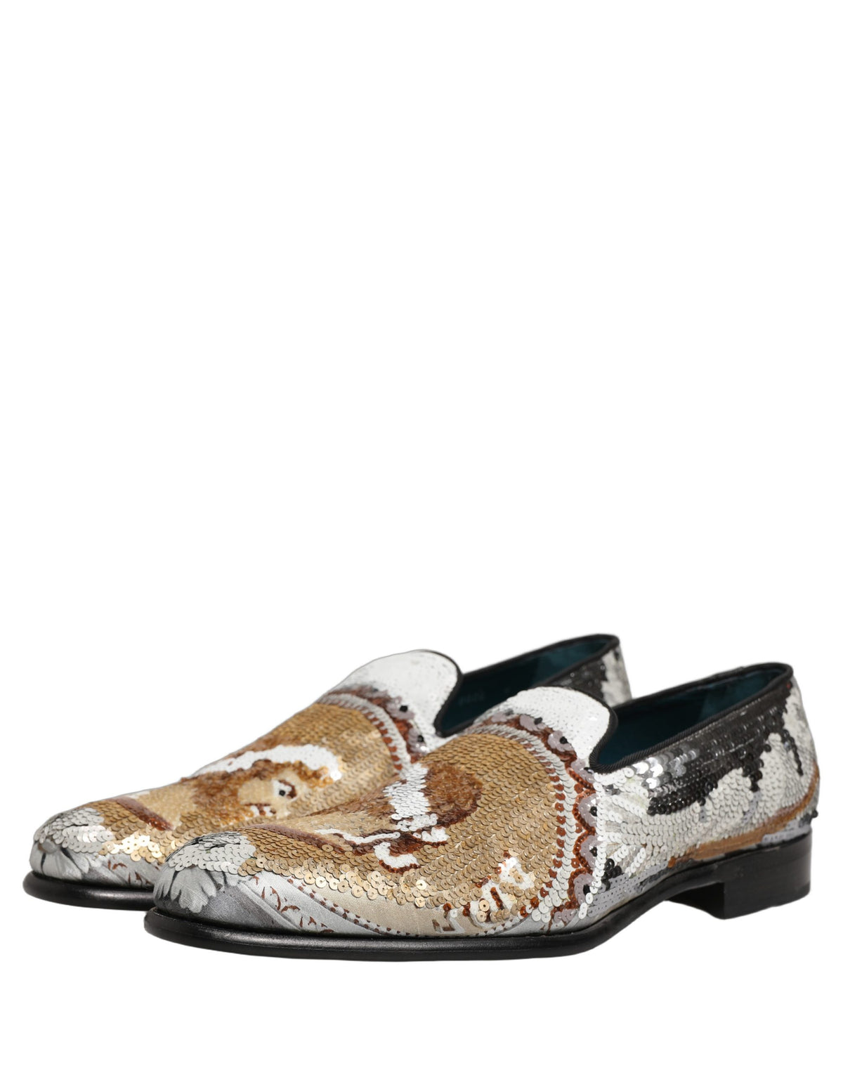 Dolce & Gabbana White Gold Sequined Slip On Loafers Men's Shoes