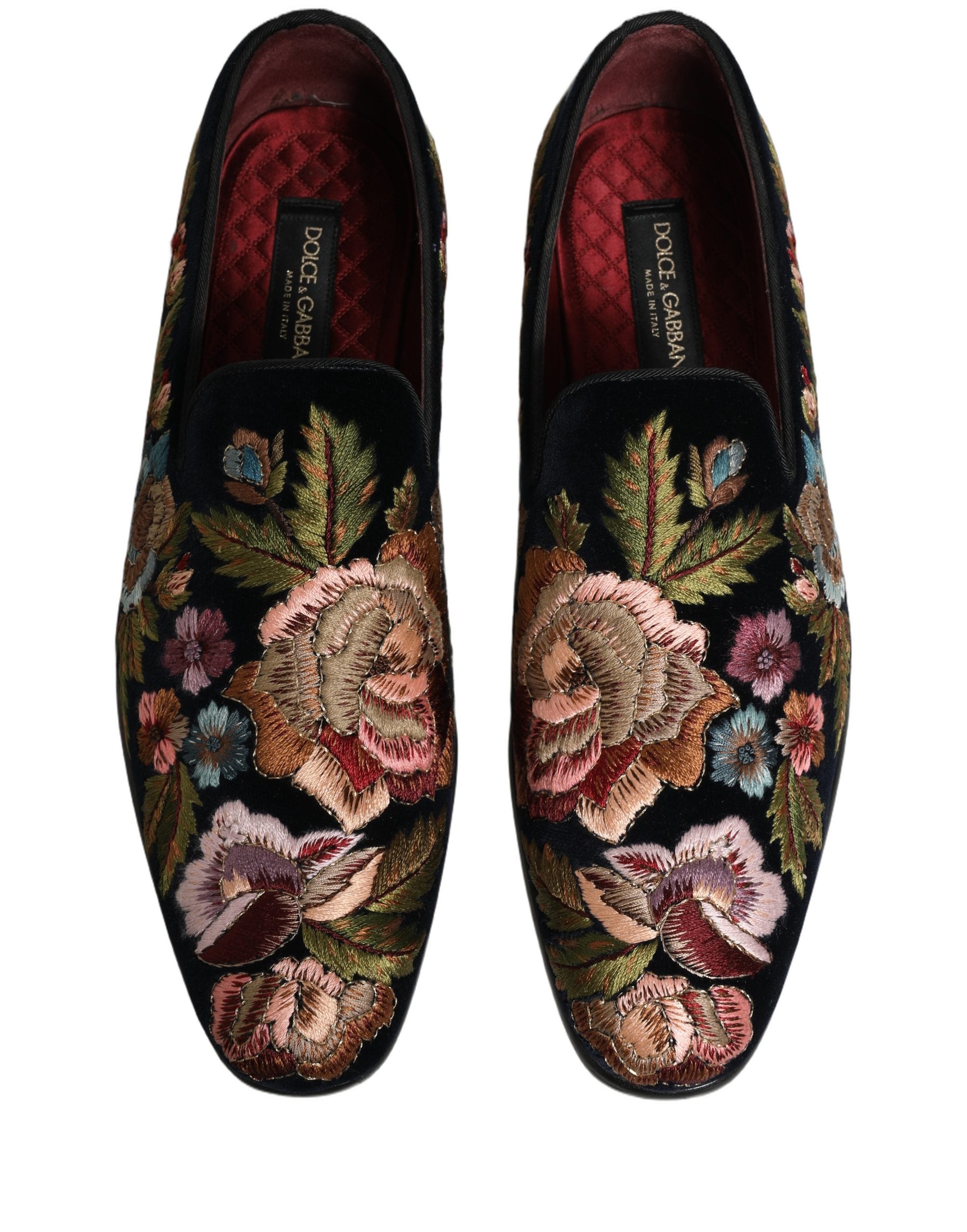 Dolce & Gabbana Black Velvet Floral Embroidery Loafers Men's Shoes