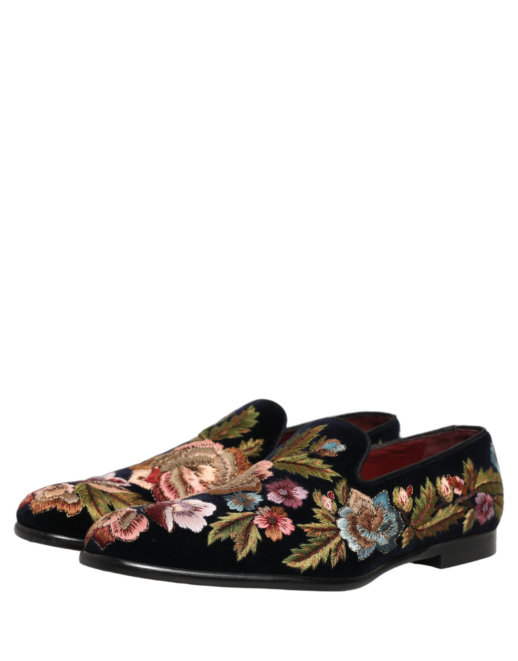 Dolce & Gabbana Black Velvet Floral Embroidery Loafers Men's Shoes