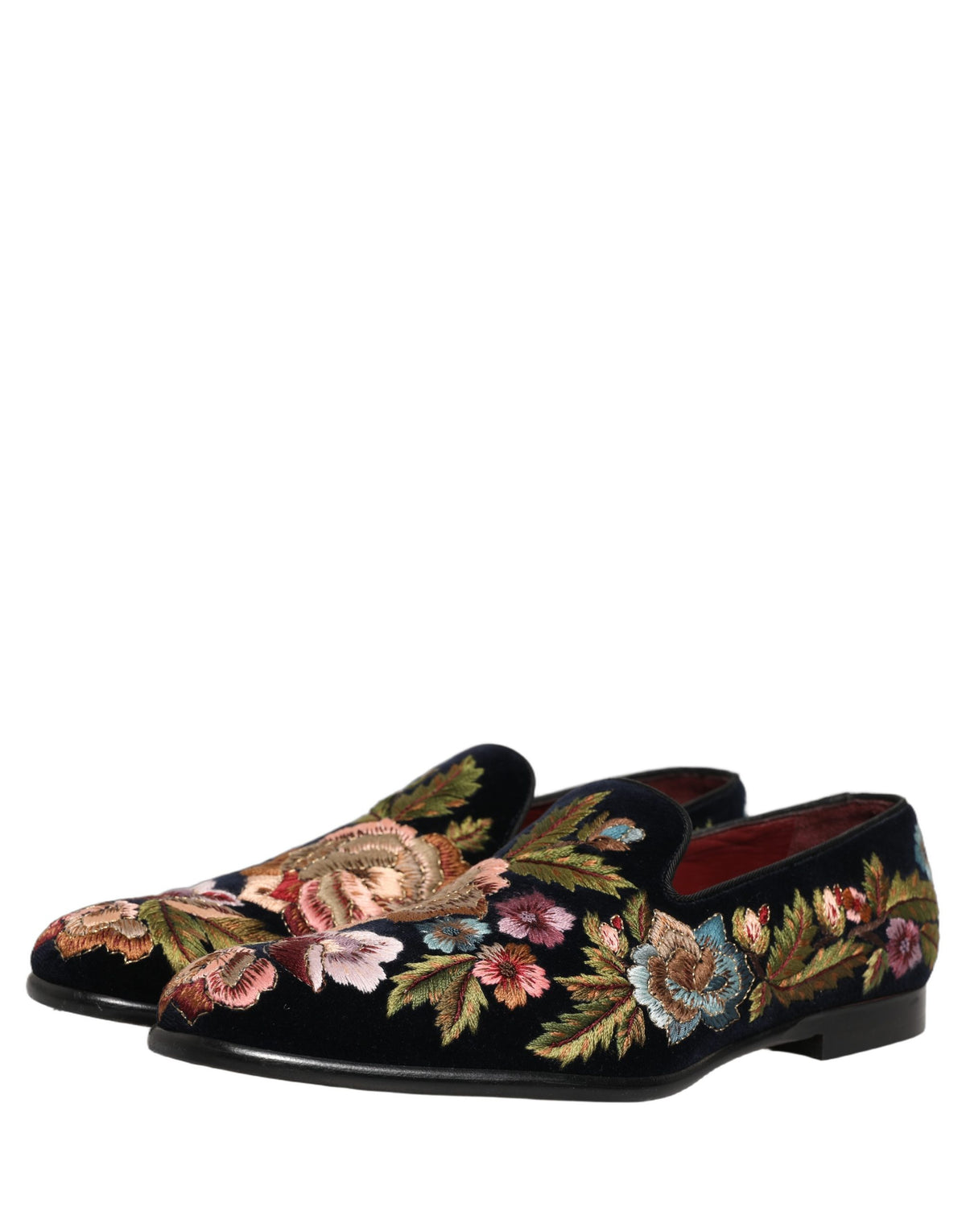 Dolce & Gabbana Black Velvet Floral Embroidery Loafers Men's Shoes