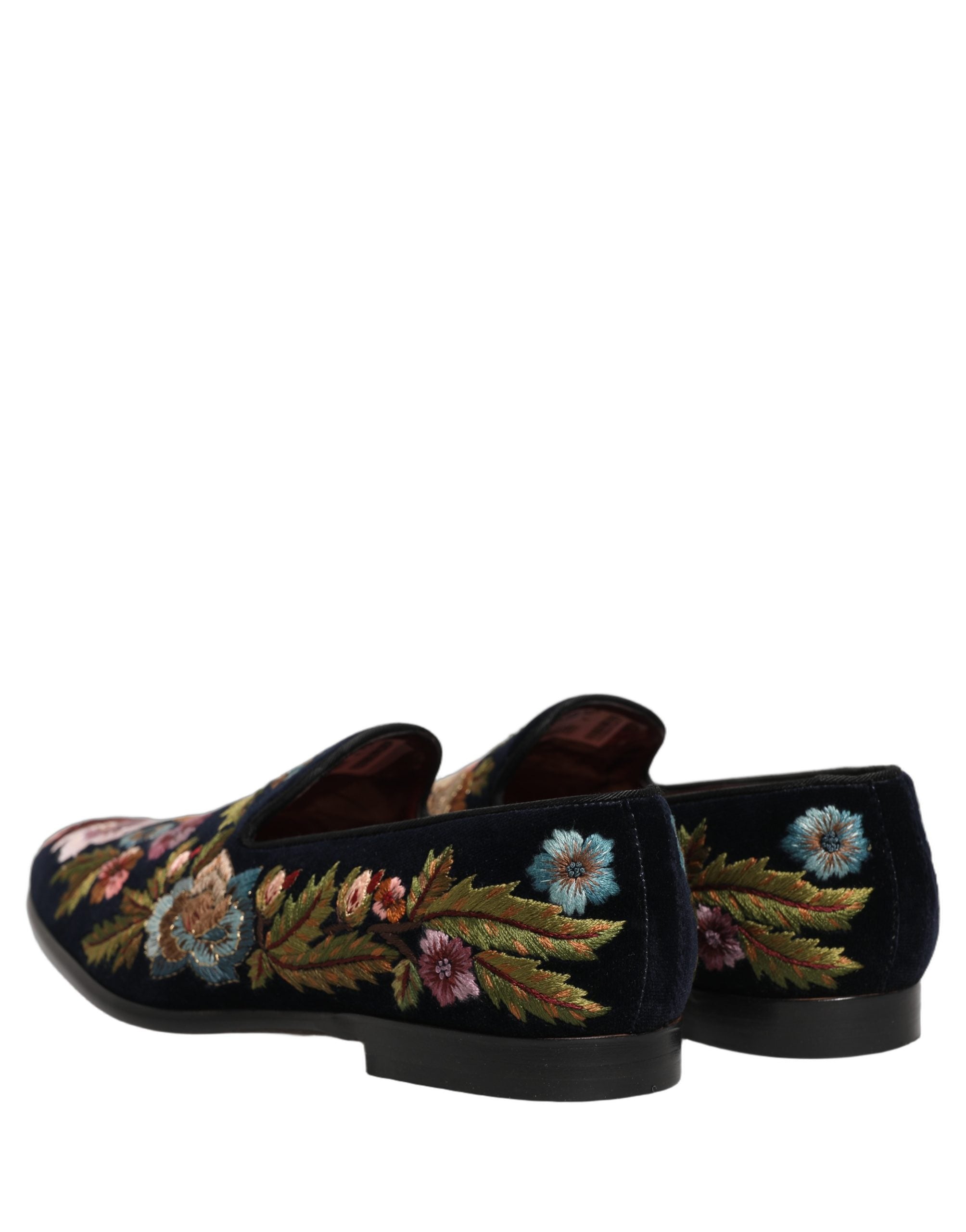 Dolce & Gabbana Black Velvet Floral Embroidery Loafers Men's Shoes