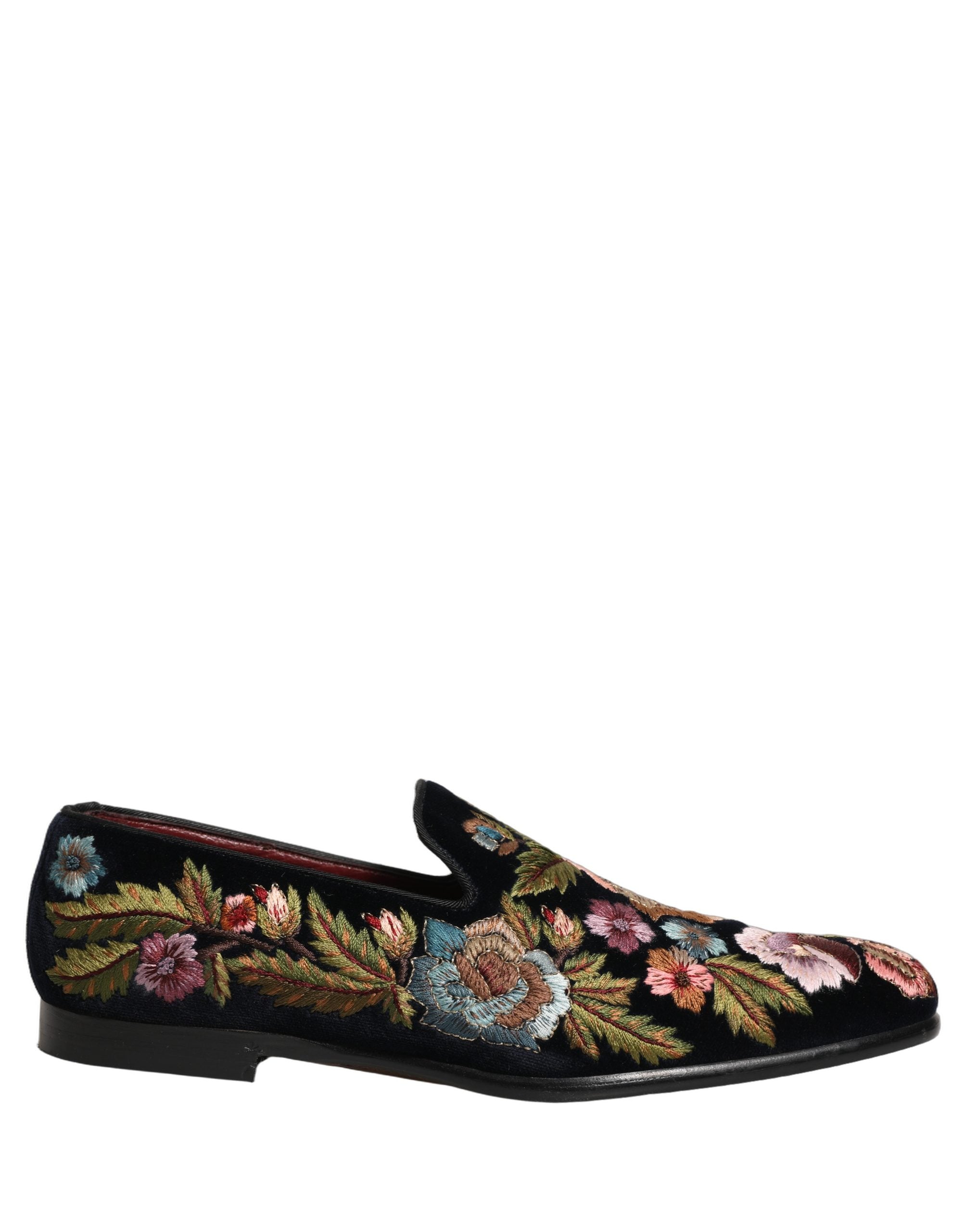 Dolce & Gabbana Black Velvet Floral Embroidery Loafers Men's Shoes