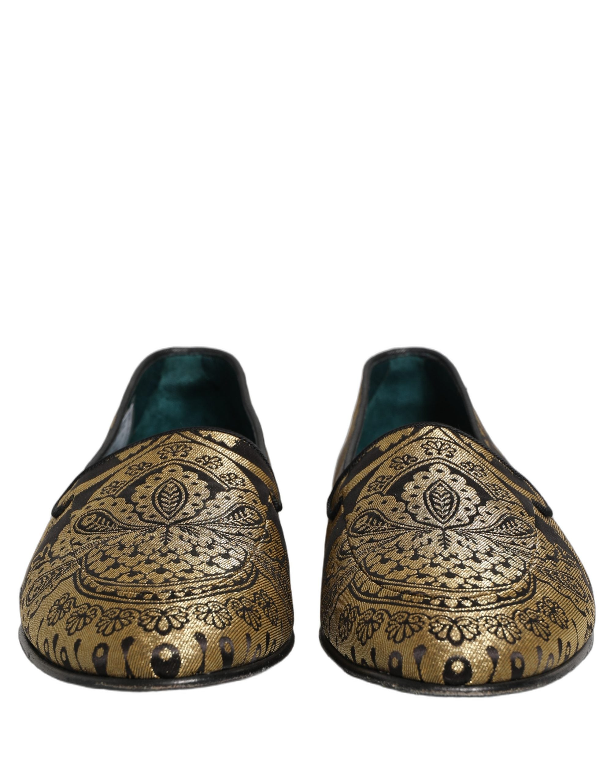 Dolce & Gabbana Gold Jacquard Leather Slip On Loafers Men's Shoes