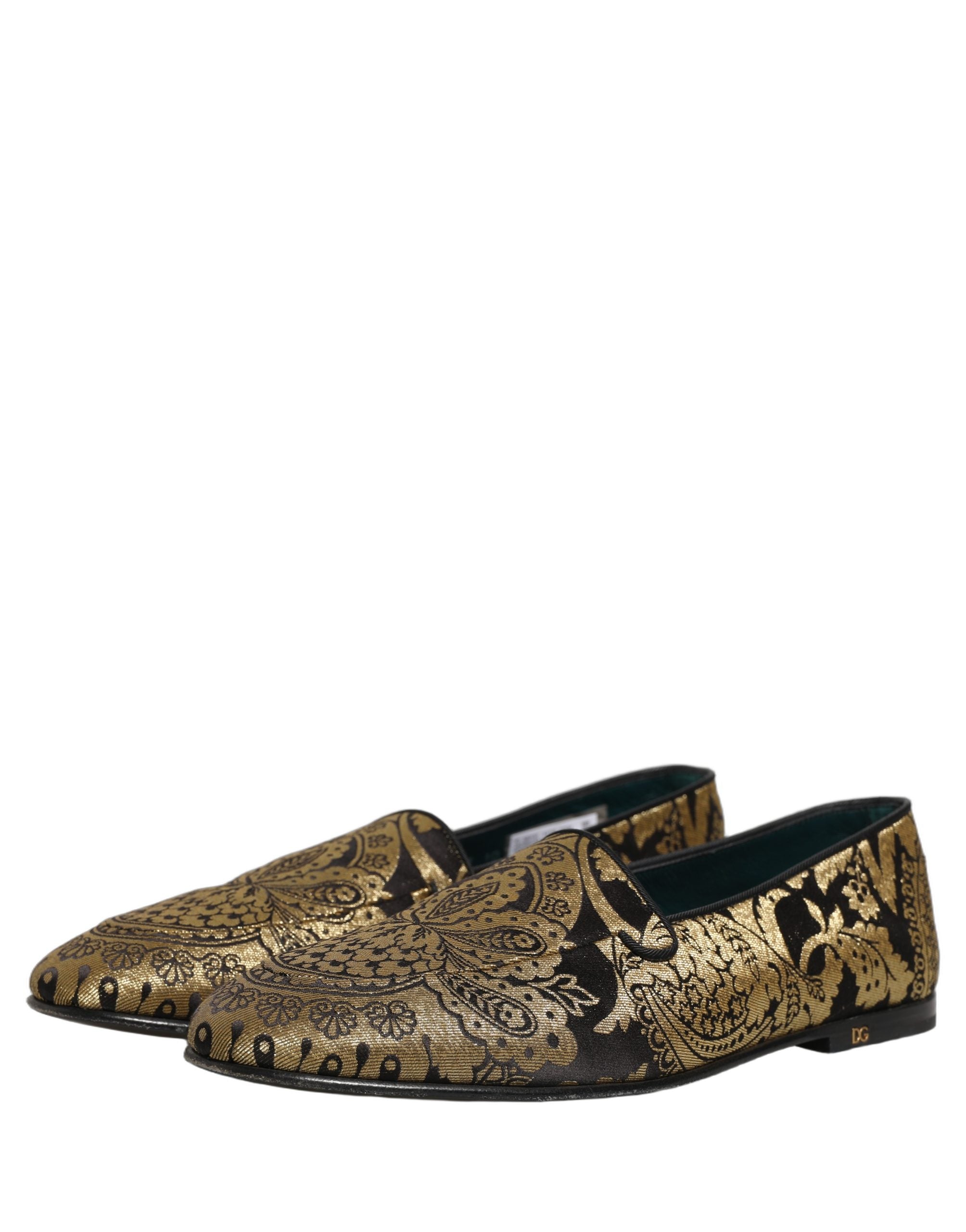 Dolce & Gabbana Gold Jacquard Leather Slip On Loafers Men's Shoes