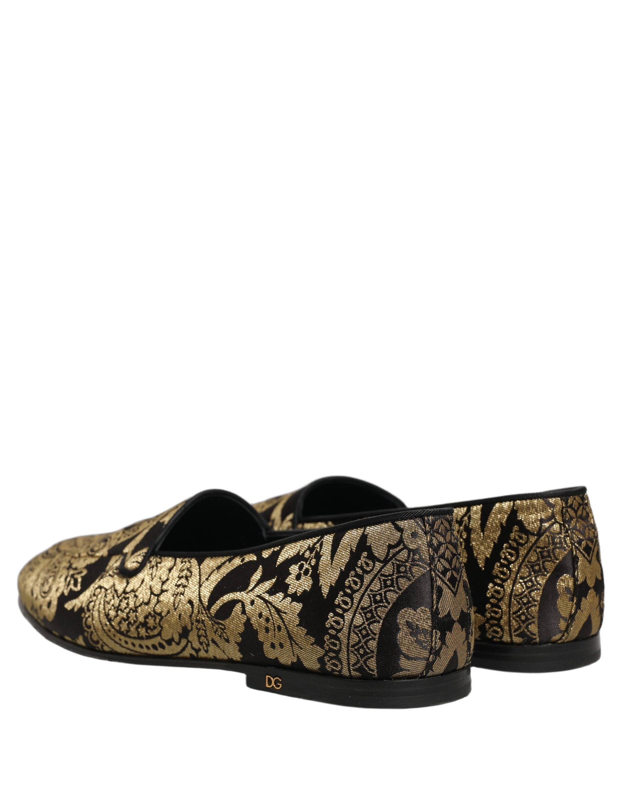 Dolce & Gabbana Gold Jacquard Leather Slip On Loafers Men's Shoes