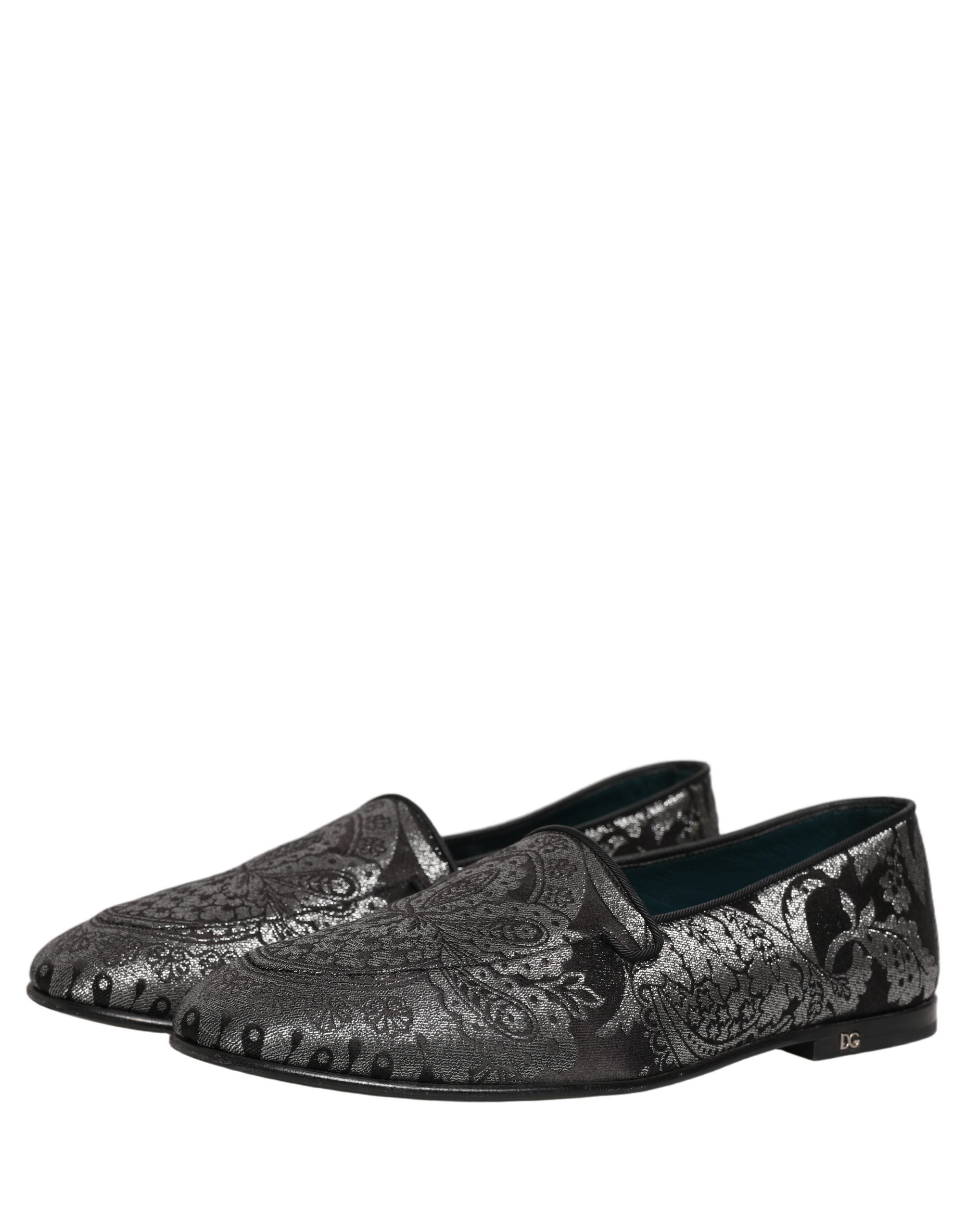 Dolce & Gabbana Silver Jacquard Leather Slip On Loafers Men's Shoes