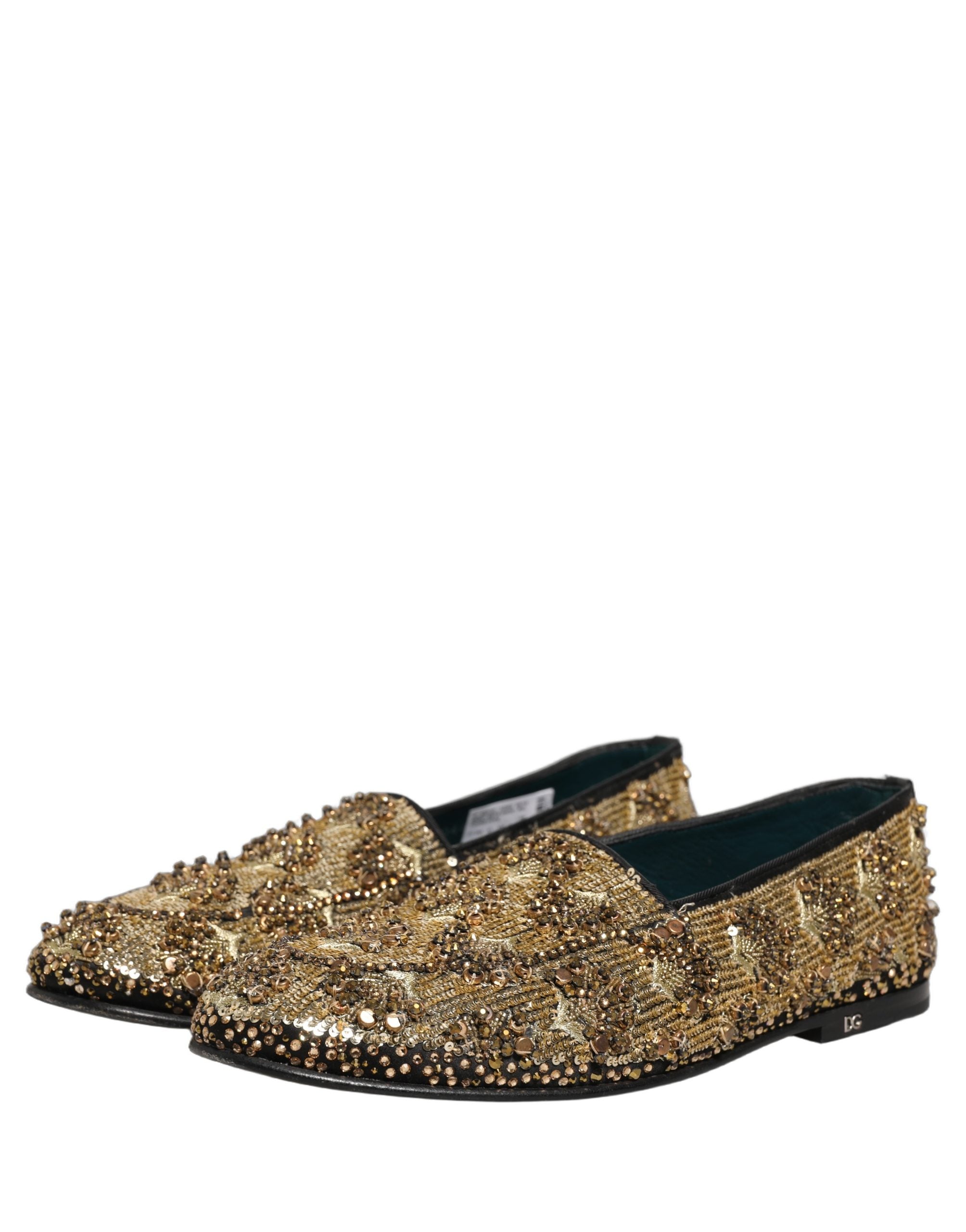 Dolce & Gabbana Gold Sequin Embellished Dress Loafers Men's Shoes