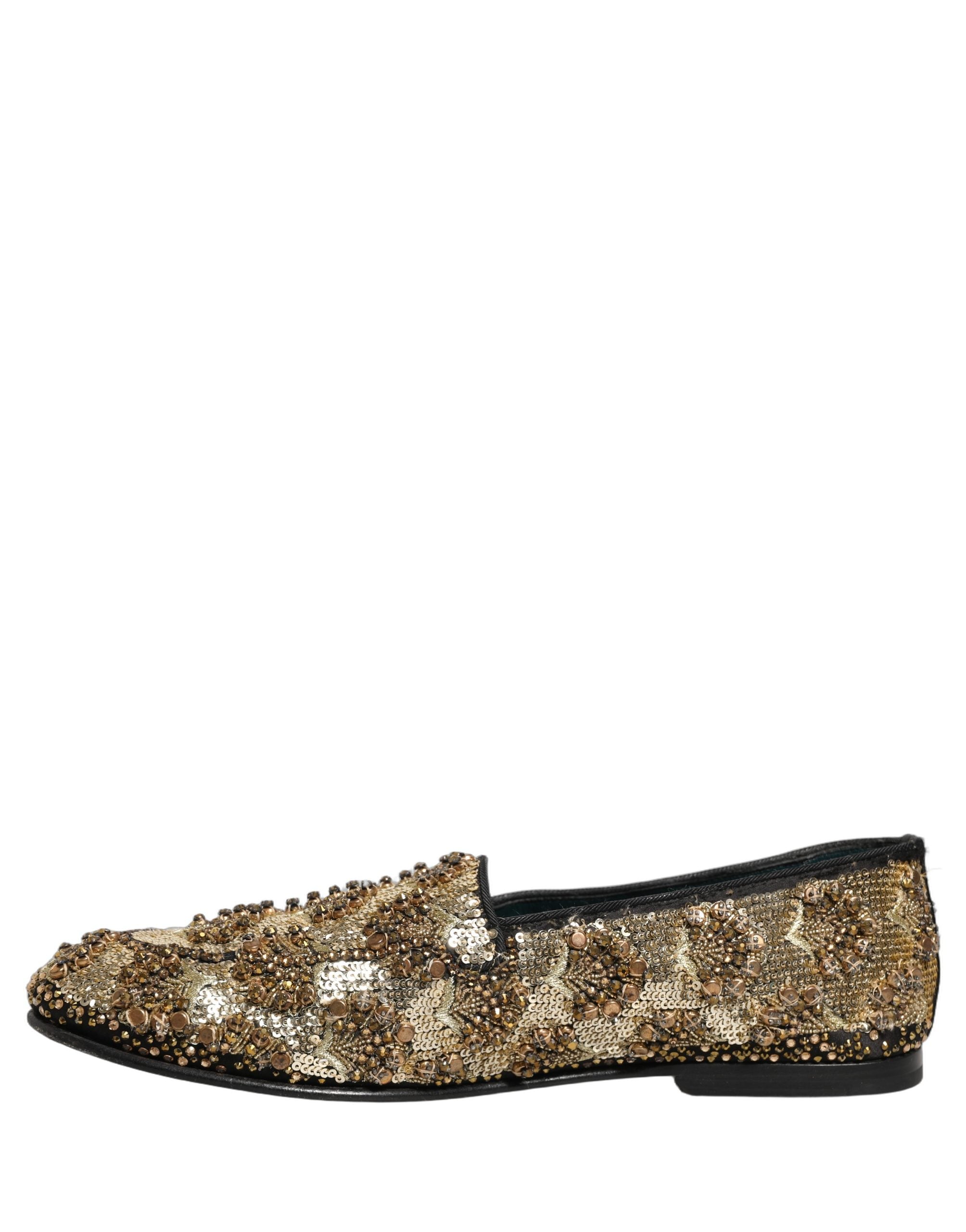 Dolce & Gabbana Gold Sequin Embellished Dress Loafers Men's Shoes
