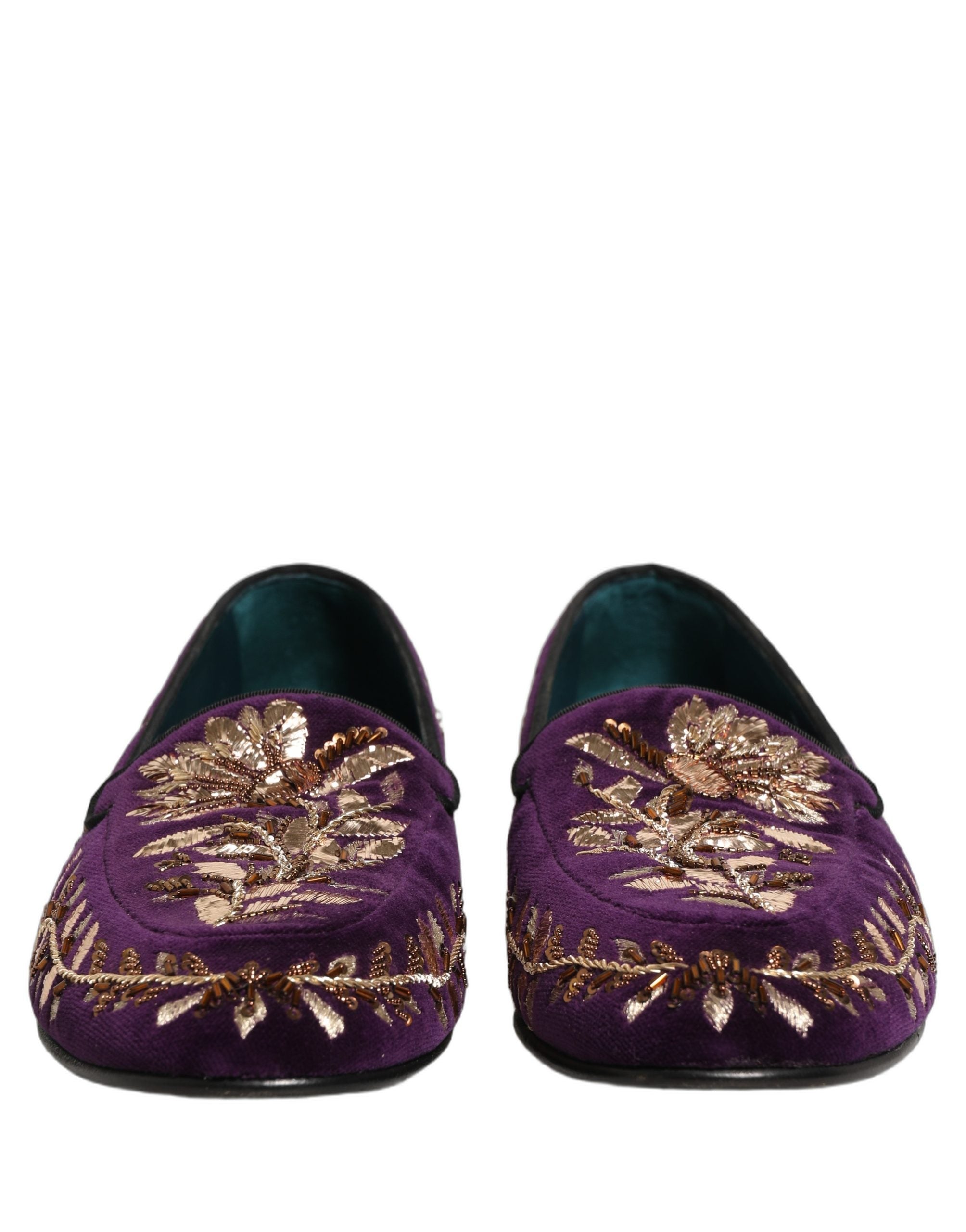 Dolce & Gabbana Violet Velvet Floral Embroidery Loafers Men's Shoes