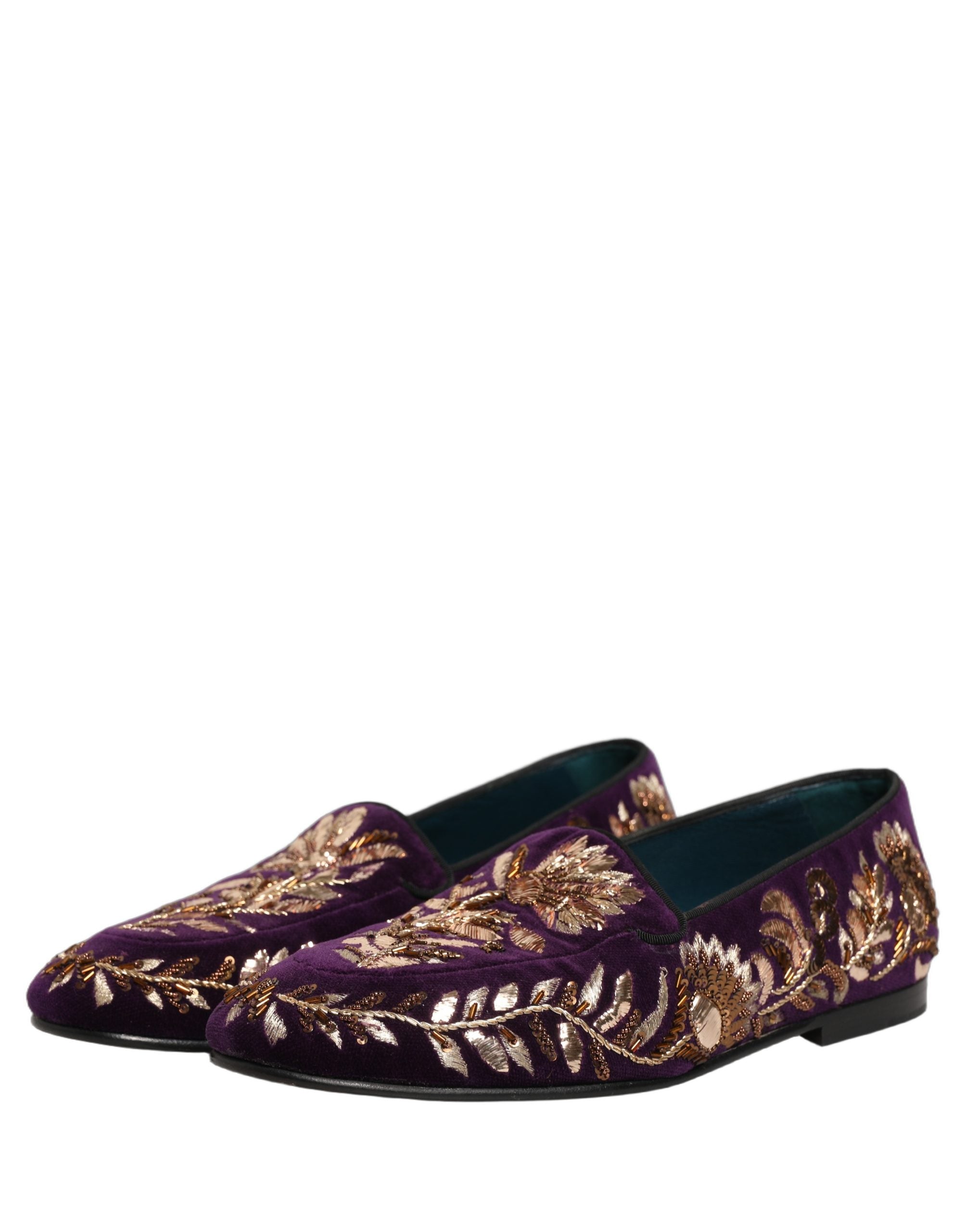 Dolce & Gabbana Violet Velvet Floral Embroidery Loafers Men's Shoes