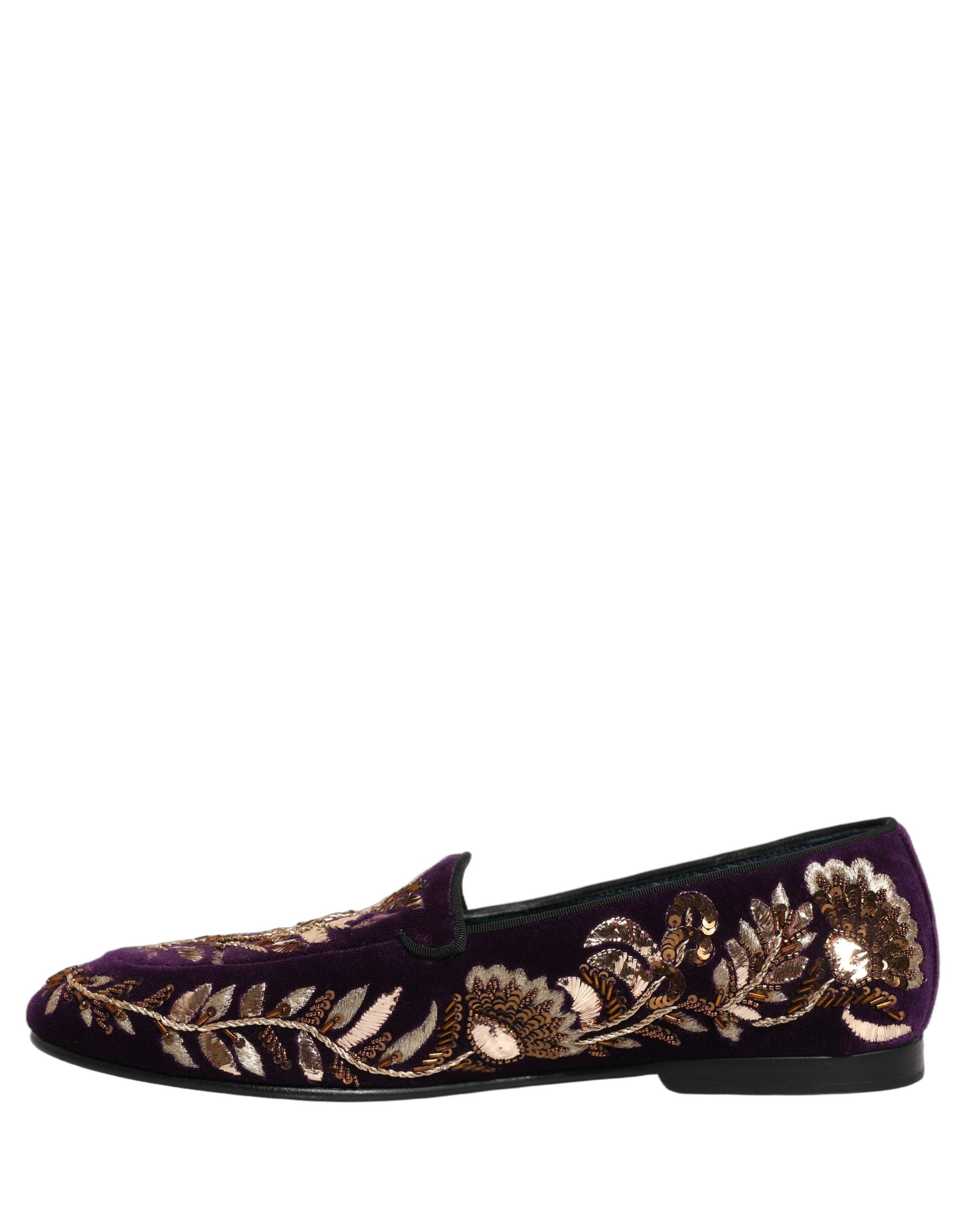Dolce & Gabbana Violet Velvet Floral Embroidery Loafers Men's Shoes