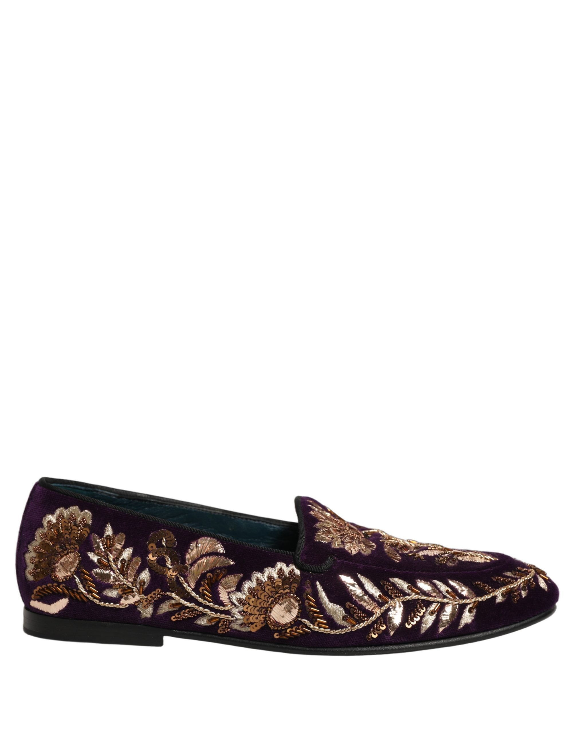 Dolce & Gabbana Violet Velvet Floral Embroidery Loafers Men's Shoes