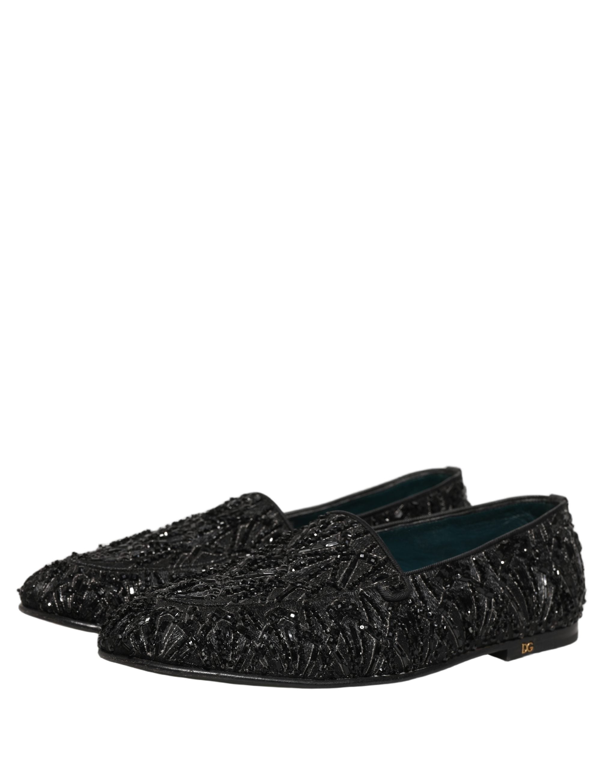 Dolce & Gabbana Black Velvet Embroidered Dress Loafers Men's Shoes