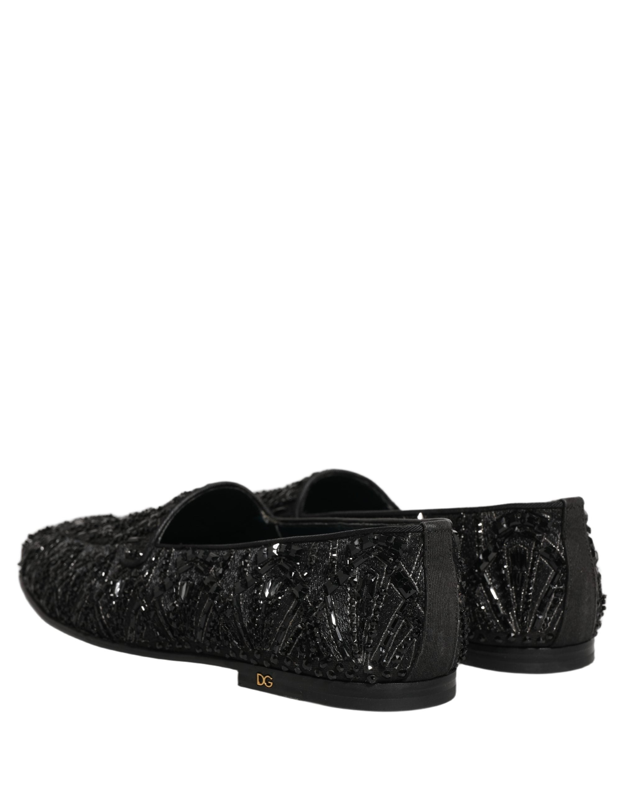Dolce & Gabbana Black Velvet Embroidered Dress Loafers Men's Shoes