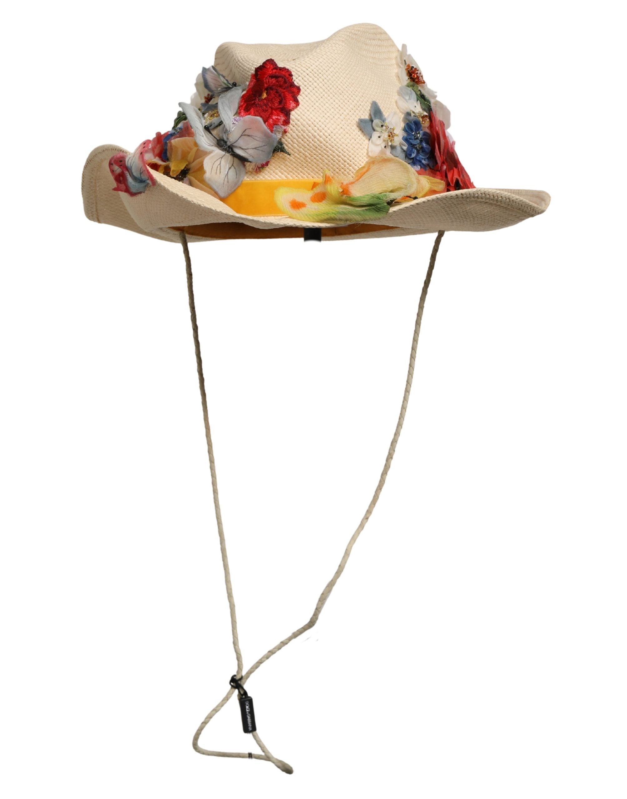 Dolce & Gabbana Women Beige Floral Apllique Straw Bucket Women's Hat (Pre-Owned)
