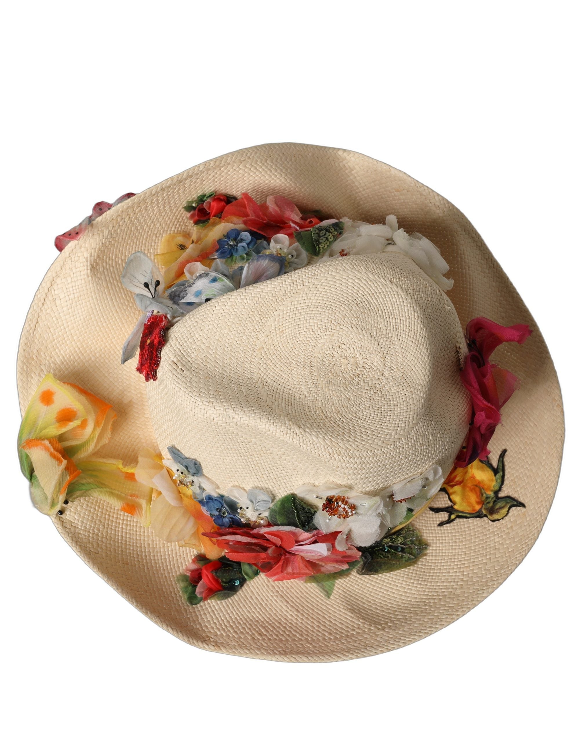 Dolce & Gabbana Women Beige Floral Apllique Straw Bucket Women's Hat (Pre-Owned)