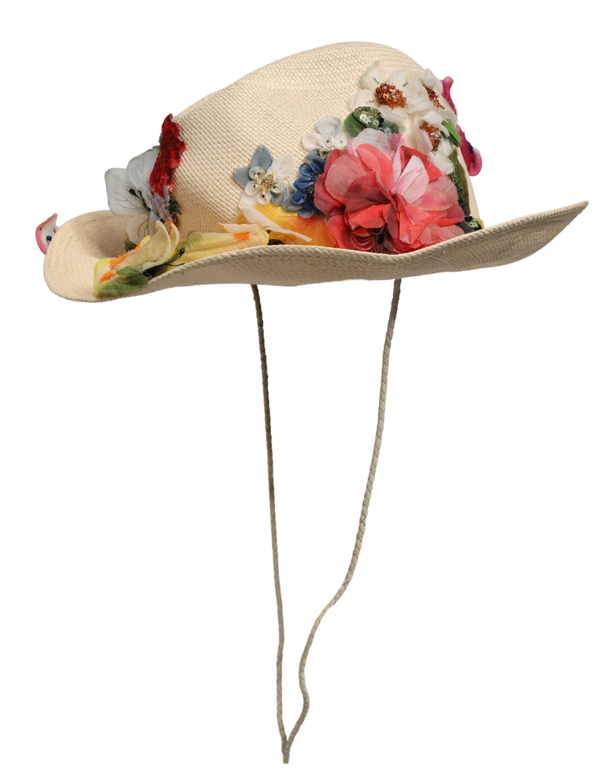 Dolce & Gabbana Women Beige Floral Apllique Straw Bucket Women's Hat (Pre-Owned)