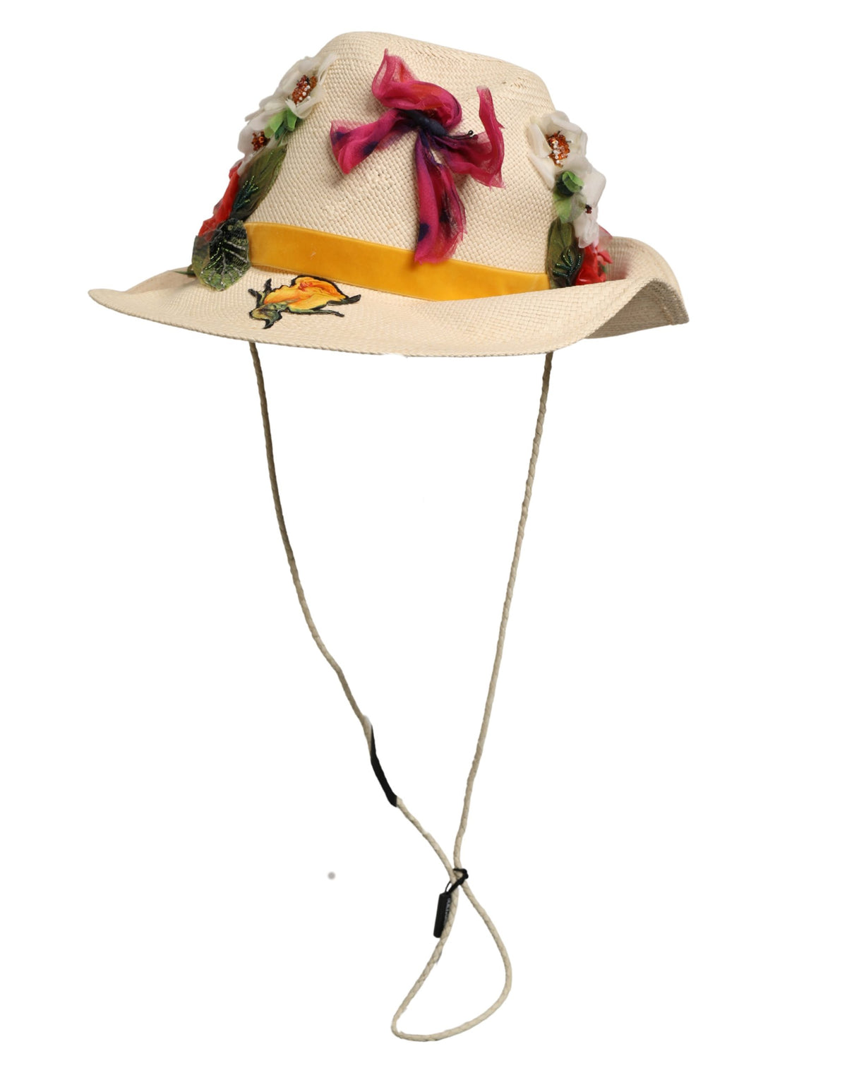 Dolce & Gabbana Women Beige Floral Apllique Straw Bucket Women's Hat (Pre-Owned)
