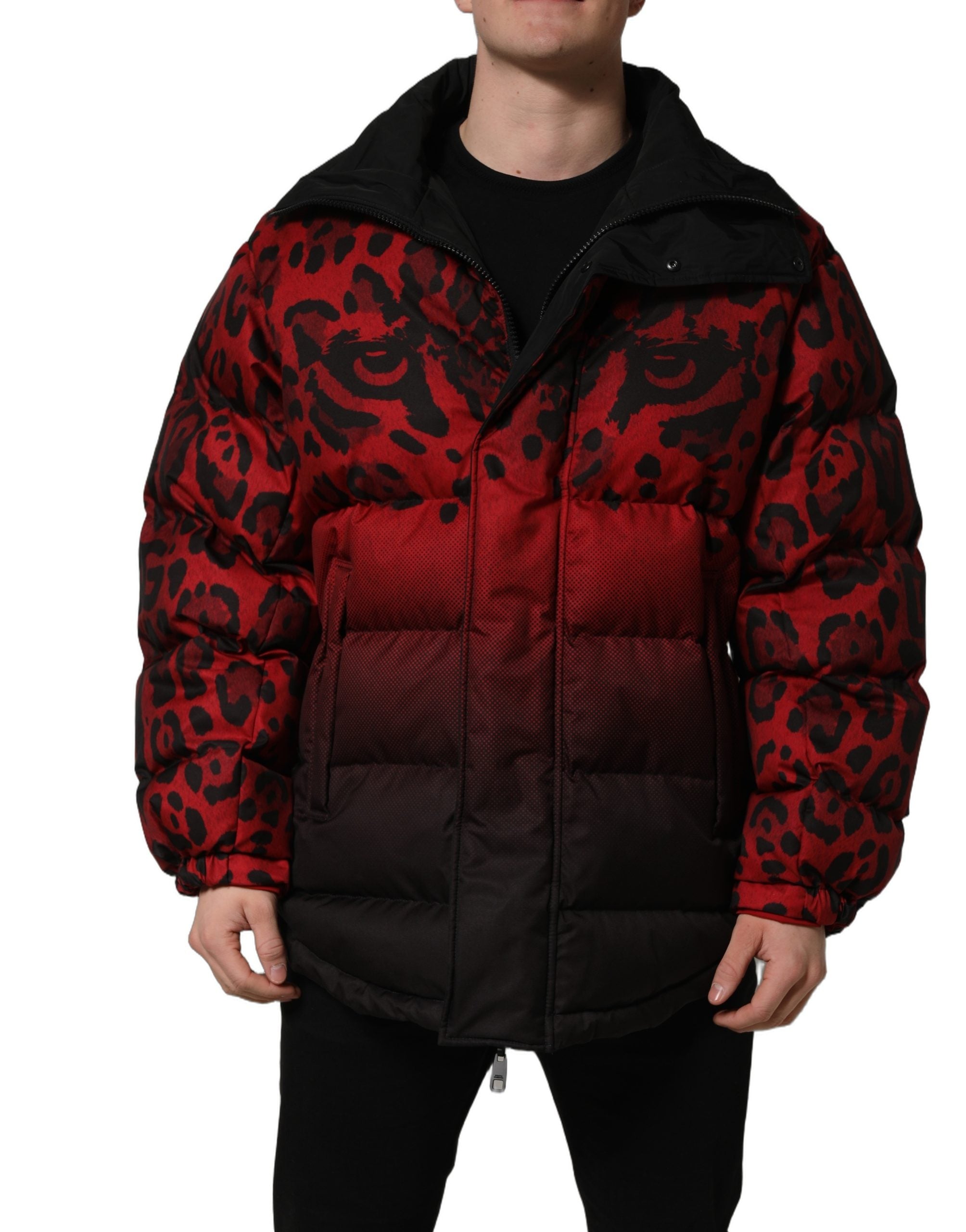 Dolce & Gabbana Red Black Reversible Animal Print Puffer Coat Men's Jacket