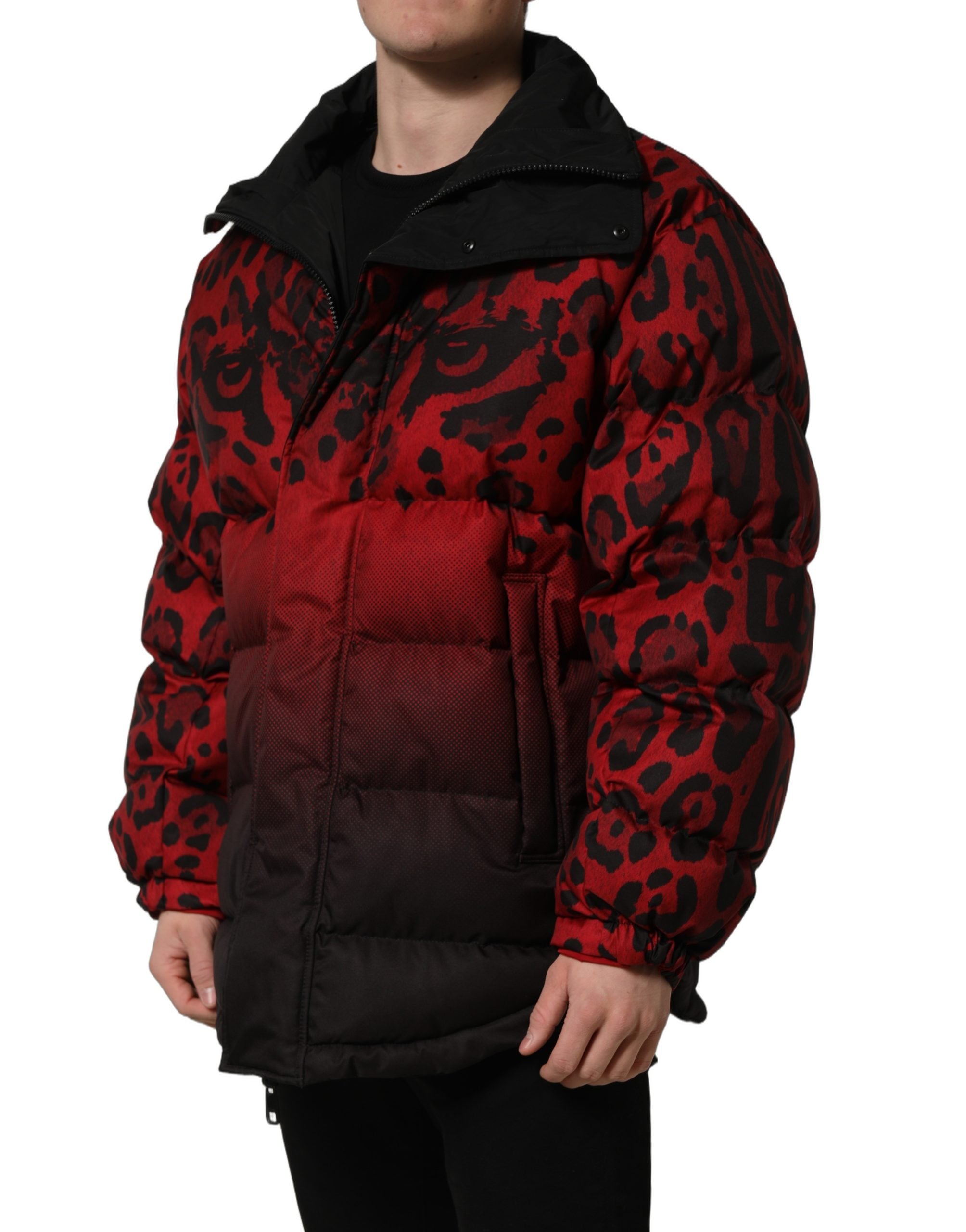 Dolce & Gabbana Red Black Reversible Animal Print Puffer Coat Men's Jacket