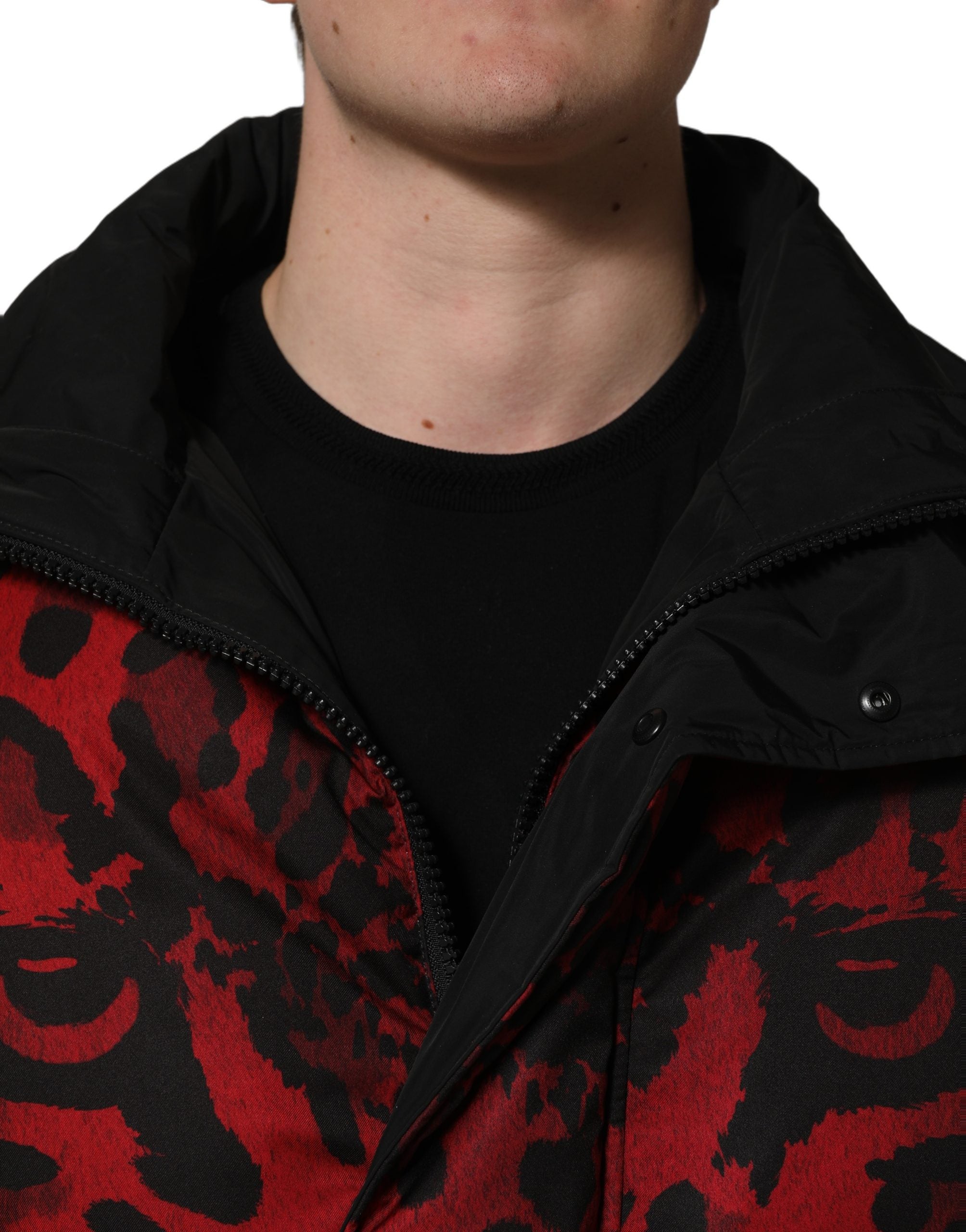Dolce & Gabbana Red Black Reversible Animal Print Puffer Coat Men's Jacket