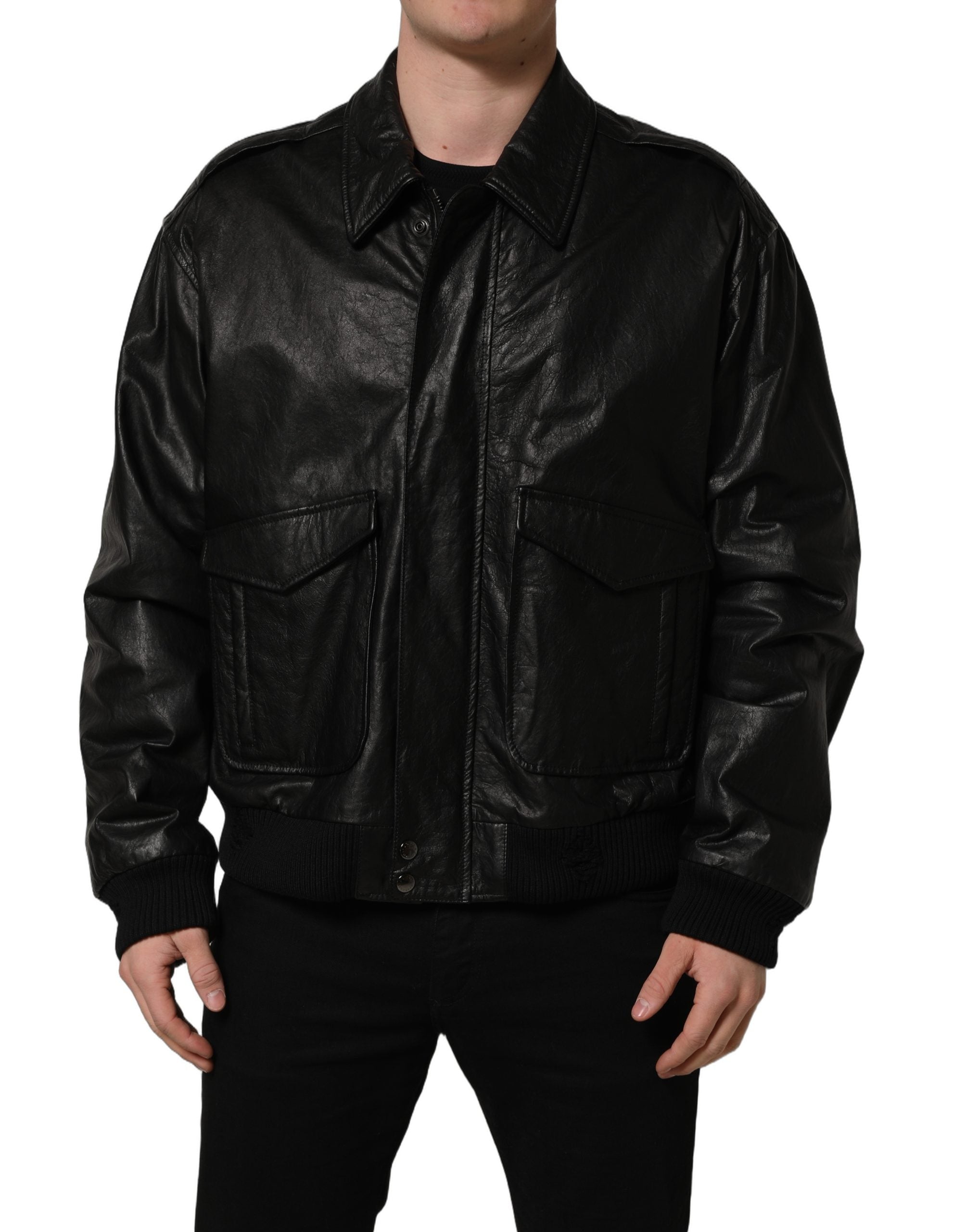 Dolce & Gabbana Black Leather Full Zip Men Biker Men's Jacket
